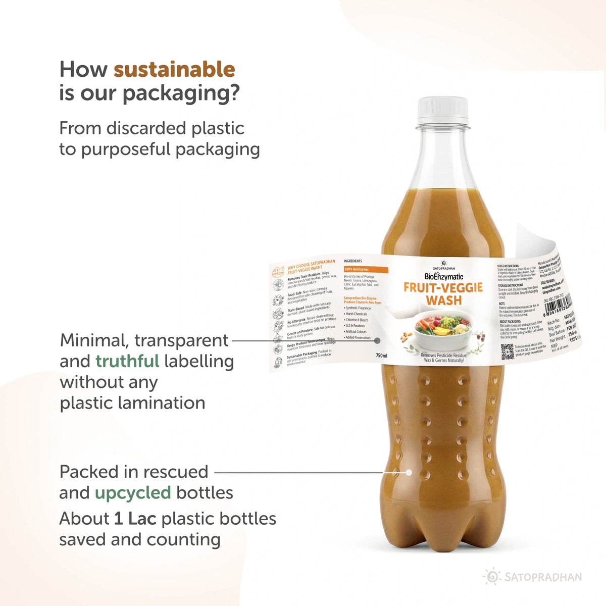 Natural Fruit & Vegetable Wash 750ml/1.9L - Bioenzyme-Based Produce Cleaner - Chemical-Free Vegetable Wash Liquid Cleaner - Satopradhan