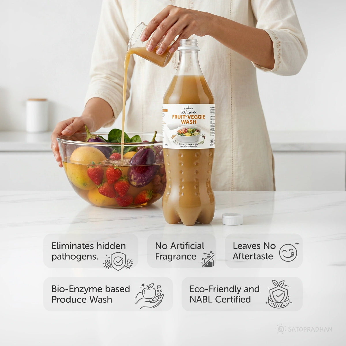 Natural Fruit & Vegetable Wash 750ml/1.9L - Bioenzyme-Based Produce Cleaner - Chemical-Free Vegetable Wash Liquid Cleaner - Satopradhan