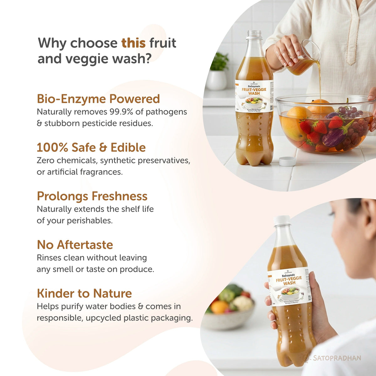 Natural Fruit & Vegetable Wash 750ml/1.9L - Bioenzyme-Based Produce Cleaner - Chemical-Free Vegetable Wash Liquid Cleaner - Satopradhan