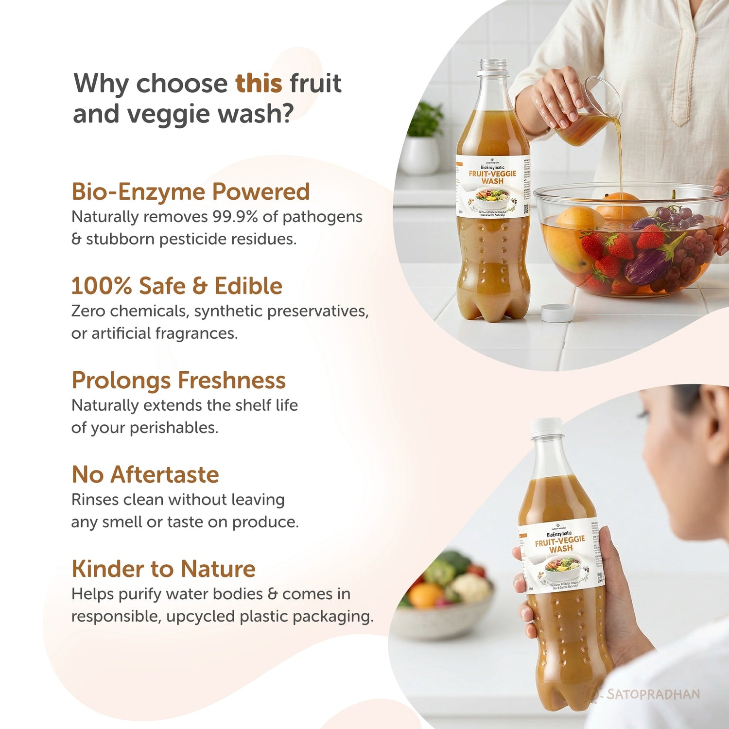Natural Fruit & Vegetable Wash 750ml/1.9L - Bioenzyme-Based Produce Cleaner - Chemical-Free Vegetable Wash Liquid Cleaner - Satopradhan