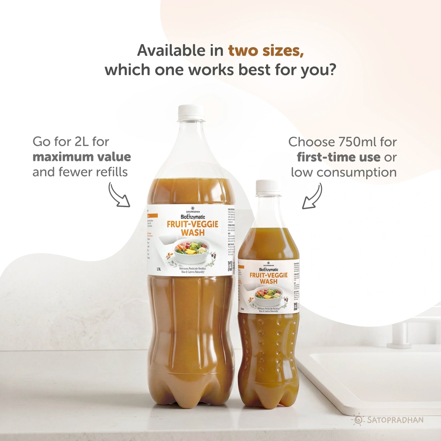 Natural Fruit & Vegetable Wash 750ml/1.9L - Bioenzyme-Based Produce Cleaner - Chemical-Free Vegetable Wash Liquid Cleaner - Satopradhan