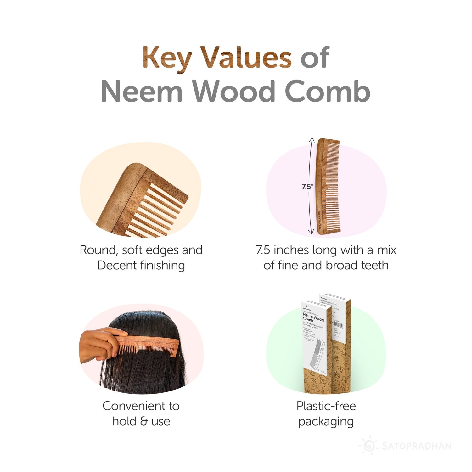 Neem Wood Comb - Pure & Handcrafted - A Perfect Substitute for Plastic Combs - Satopradhan