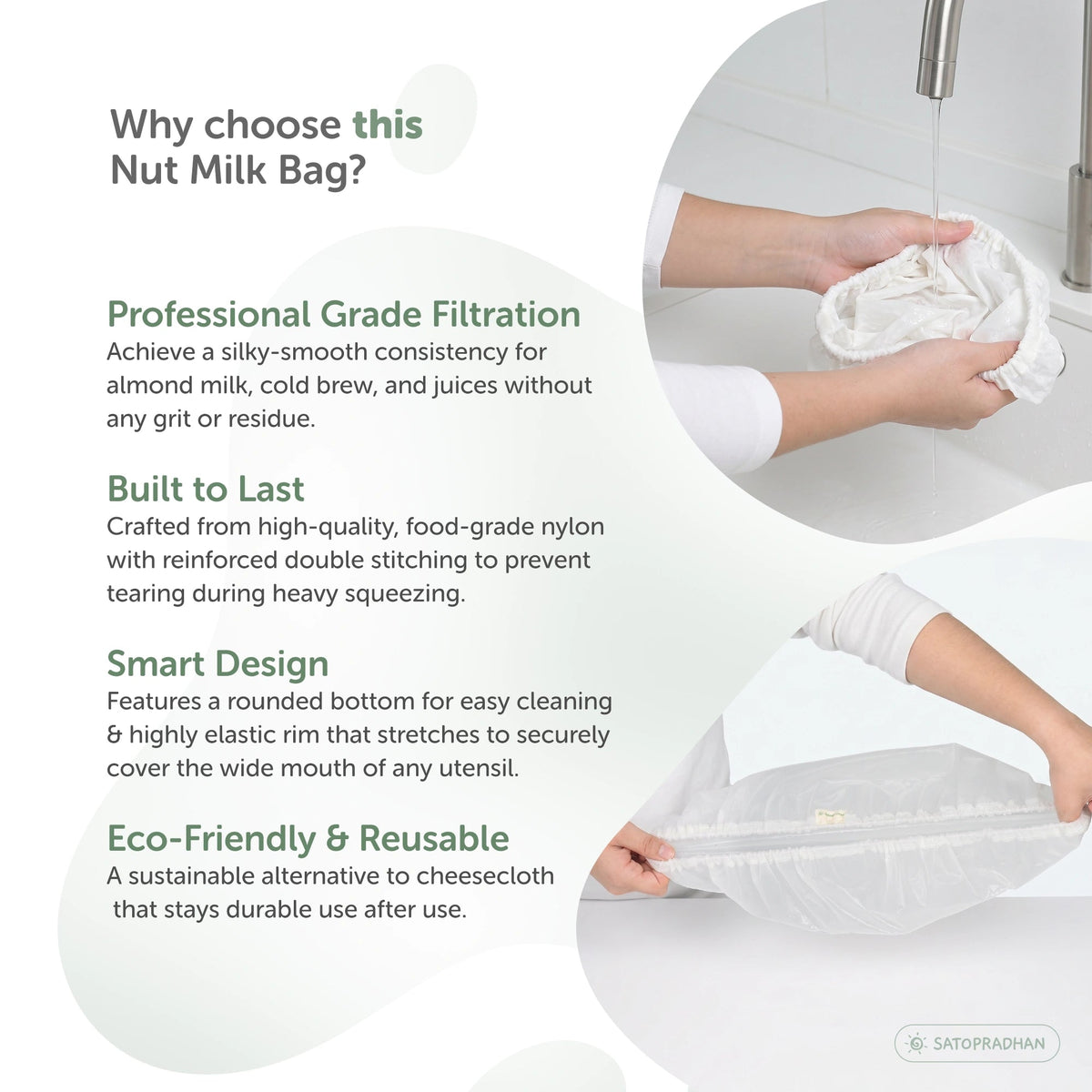 Nylon Nut Milk Bag - Food-Grade Strainer Cloth - Reusable Nut Milk Bag for Making Milk - Nut Milk Mesh for Juicing - Satopradhan