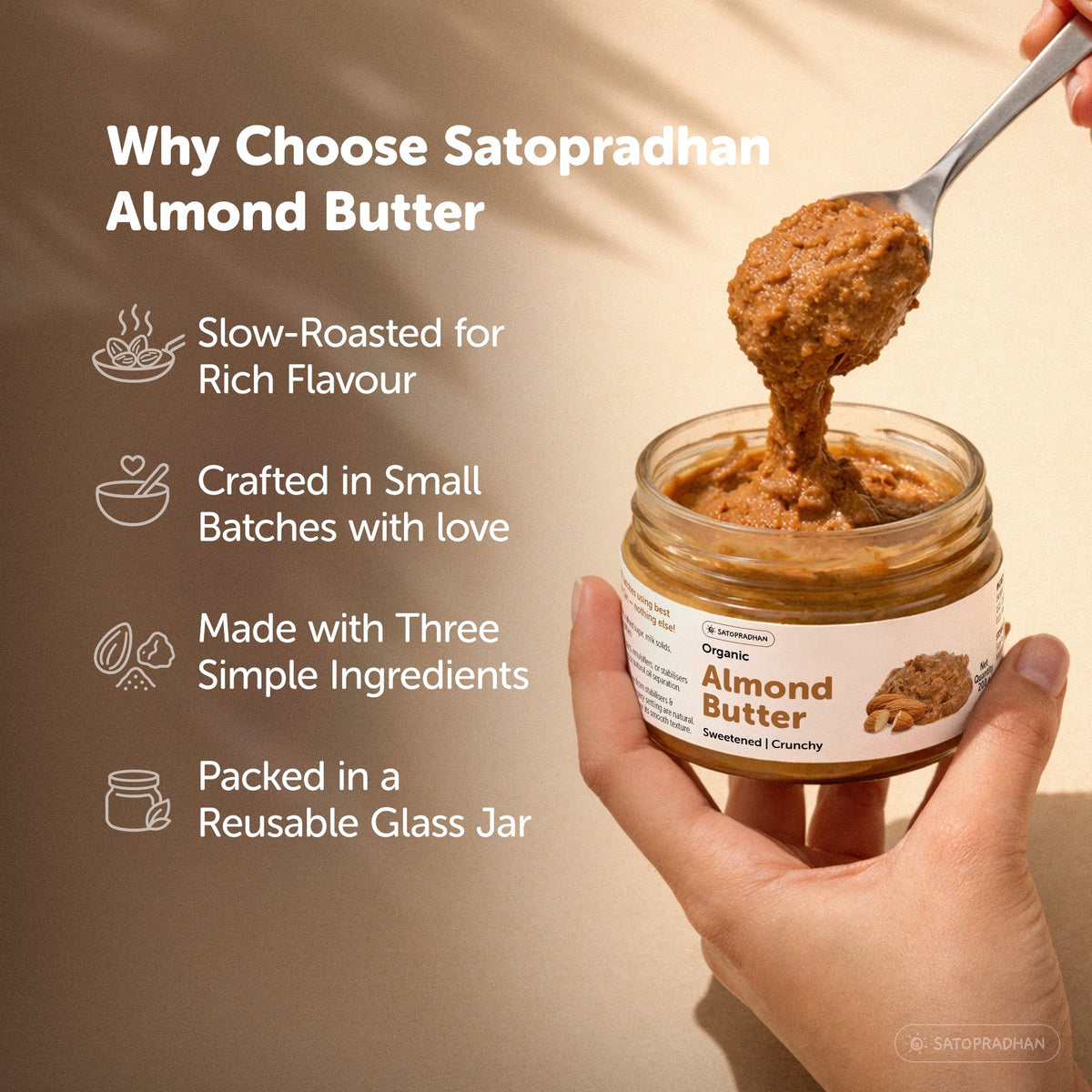 Organic Almond Butter Crunchy 200g - Sweetened with Jaggery - No Palm Oil - Roasted Almond Spread - Satopradhan