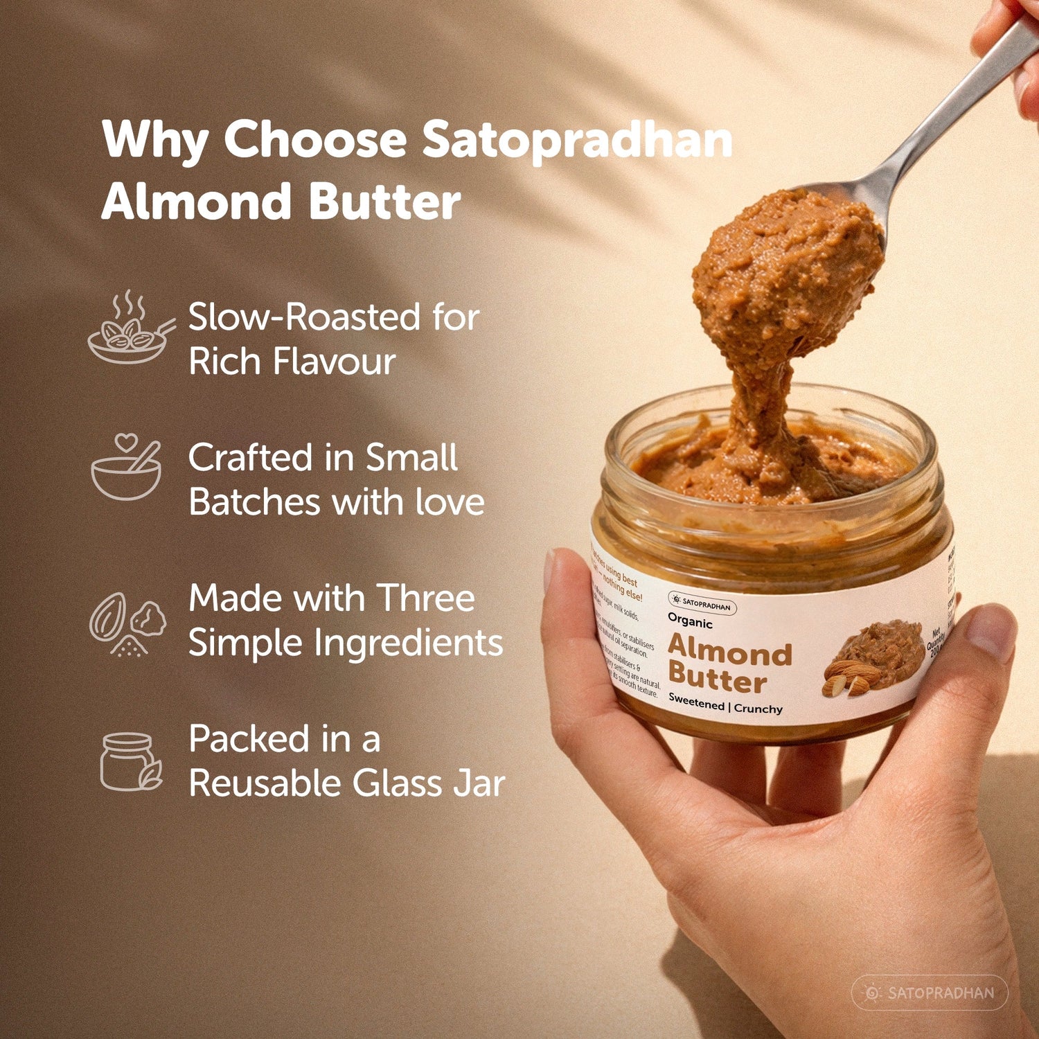 Organic Almond Butter Crunchy 200g - Sweetened with Jaggery - No Palm Oil - Roasted Almond Spread - Satopradhan