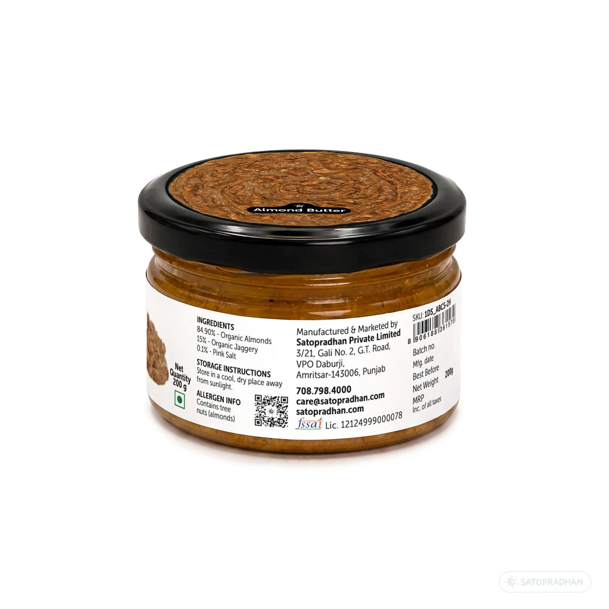 Organic Almond Butter Crunchy 200g - Sweetened with Jaggery - No Palm Oil - Roasted Almond Spread - Satopradhan