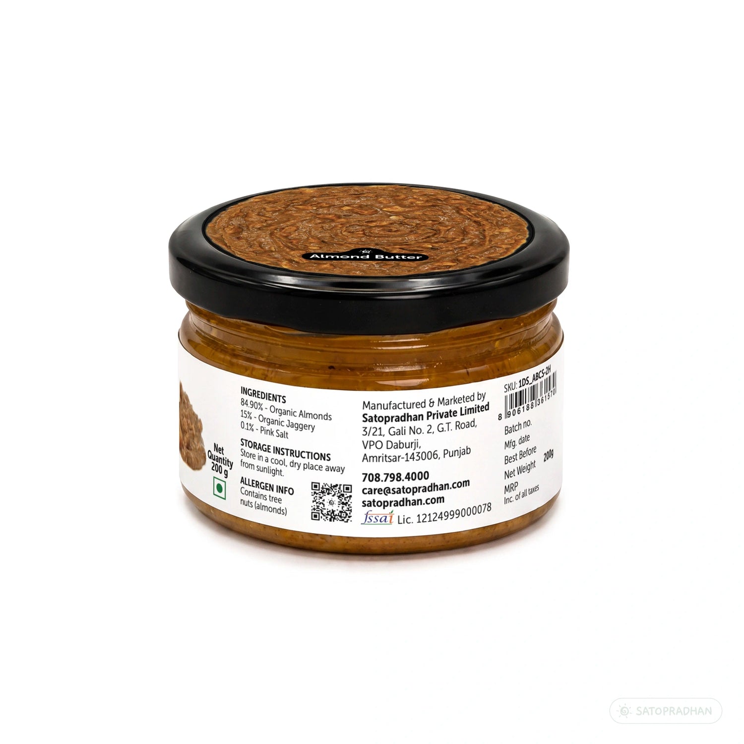 Organic Almond Butter Crunchy 200g - Sweetened with Jaggery - No Palm Oil - Roasted Almond Spread - Satopradhan
