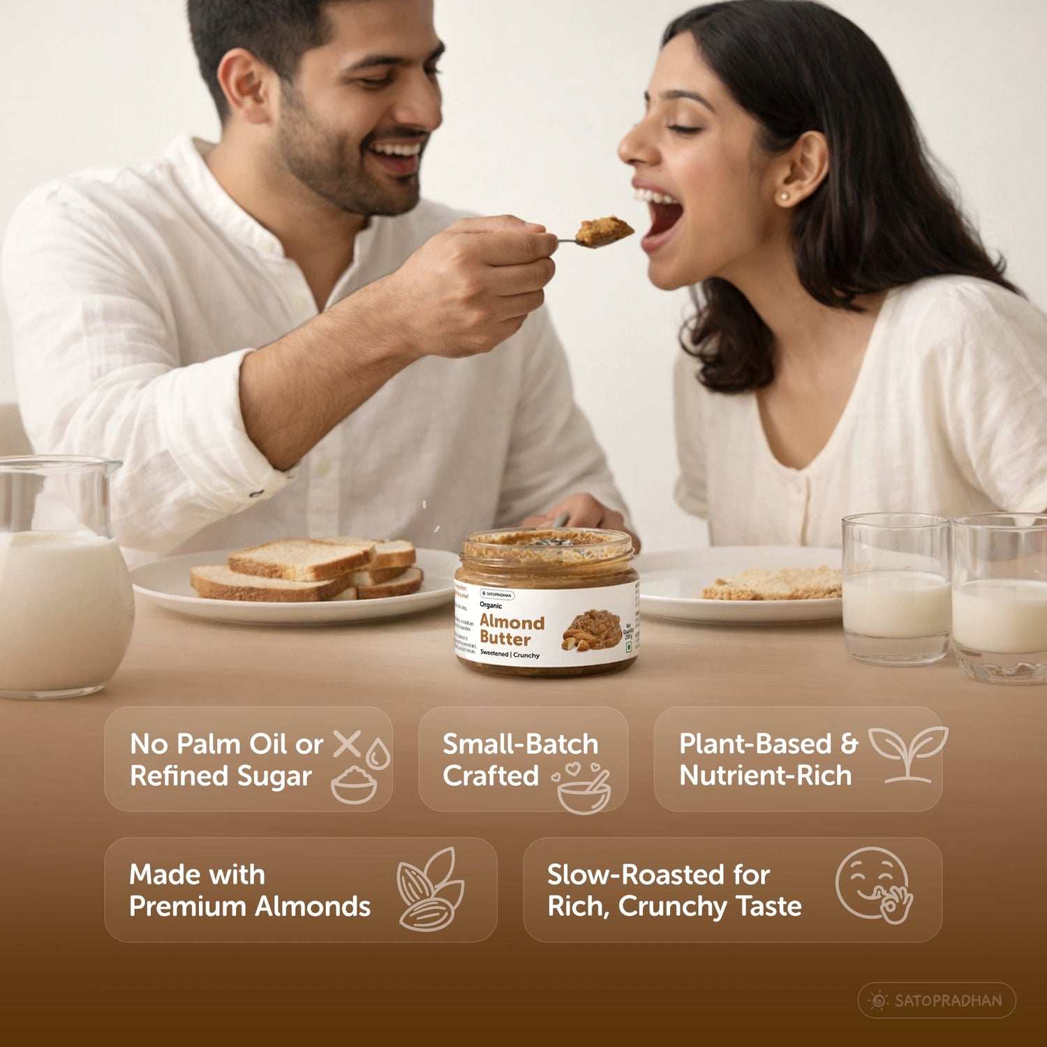 Organic Almond Butter Crunchy 200g - Sweetened with Jaggery - No Palm Oil - Roasted Almond Spread - Satopradhan