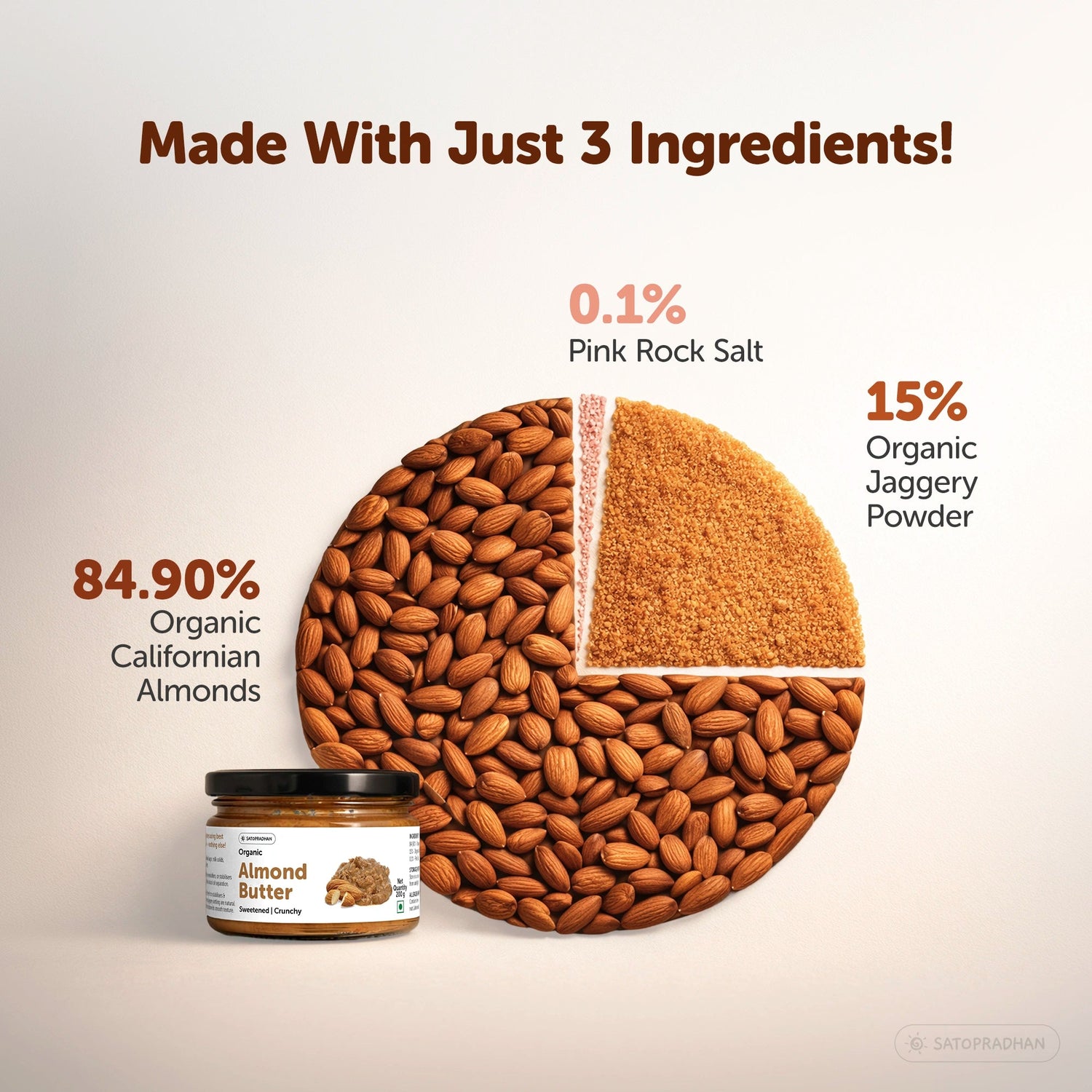 Organic Almond Butter Crunchy 200g - Sweetened with Jaggery - No Palm Oil - Roasted Almond Spread - Satopradhan