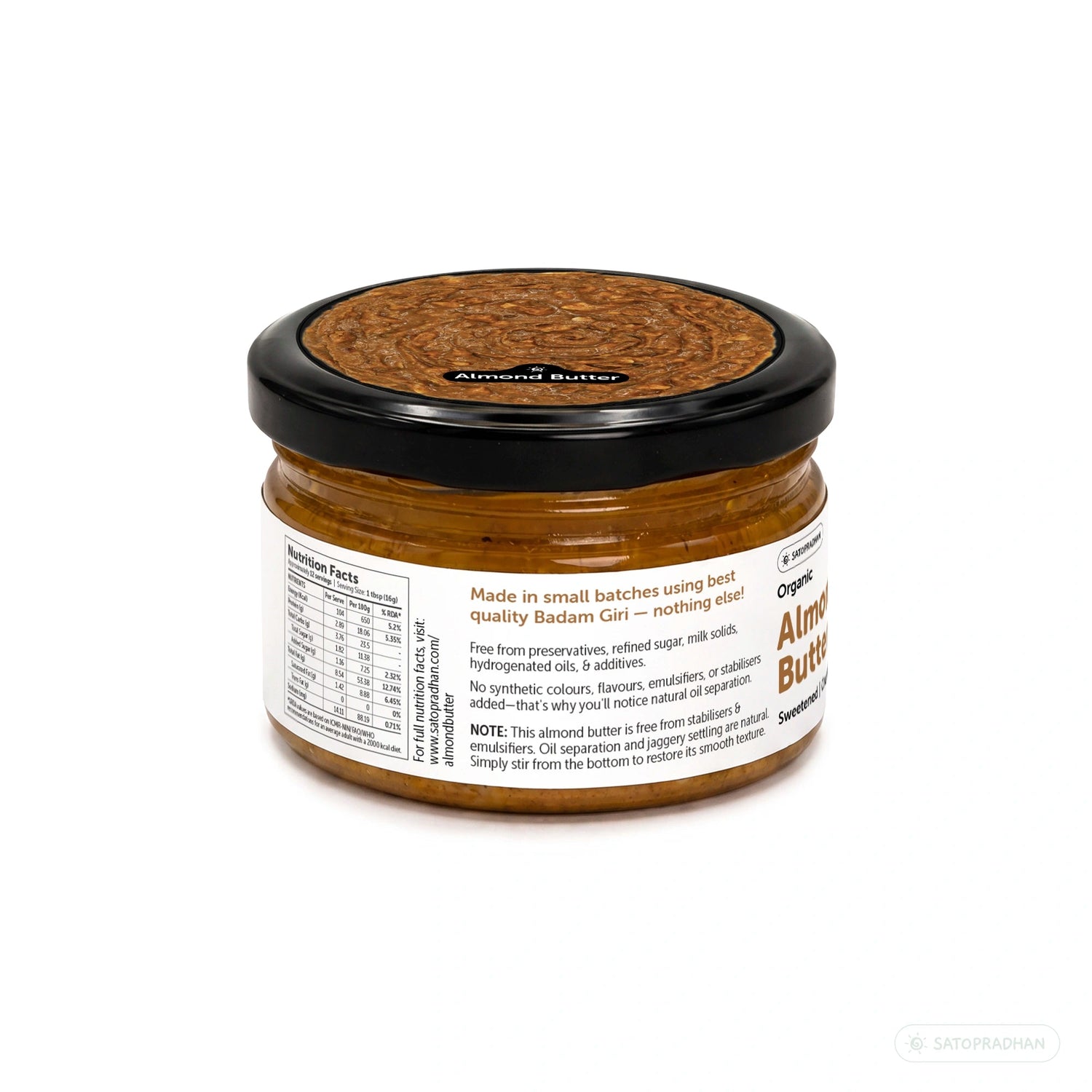 Organic Almond Butter Crunchy 200g - Sweetened with Jaggery - No Palm Oil - Roasted Almond Spread - Satopradhan