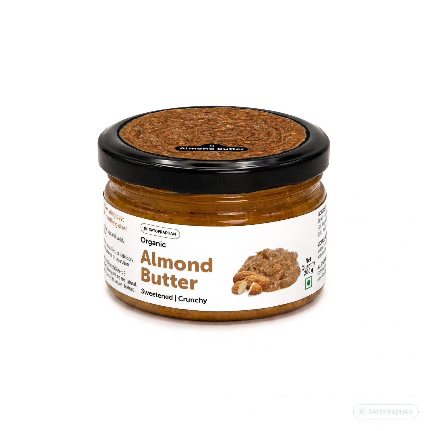 Organic Almond Butter Crunchy 200g - Sweetened with Jaggery - No Palm Oil - Roasted Almond Spread - Satopradhan