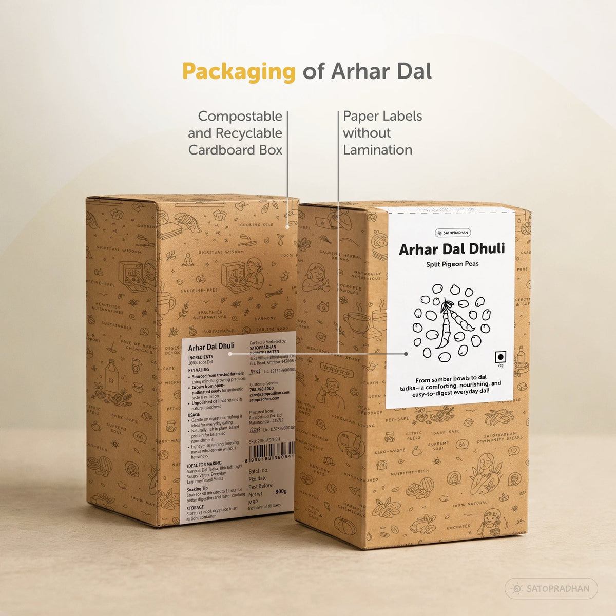 Organic Arhar Dal 800g - Unpolished Toor Dal - Split Pigeon Peas - Satopradhan