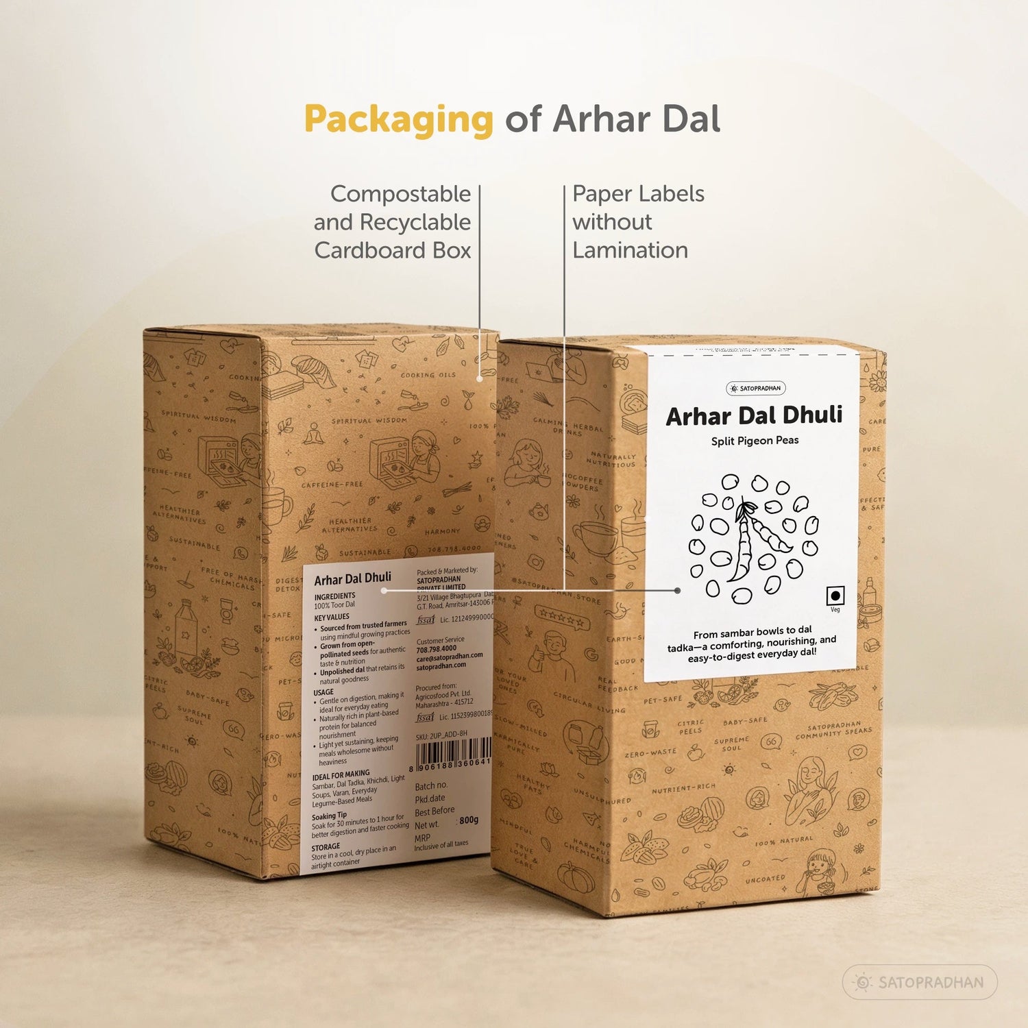 Organic Arhar Dal 800g - Unpolished Toor Dal - Split Pigeon Peas - Satopradhan