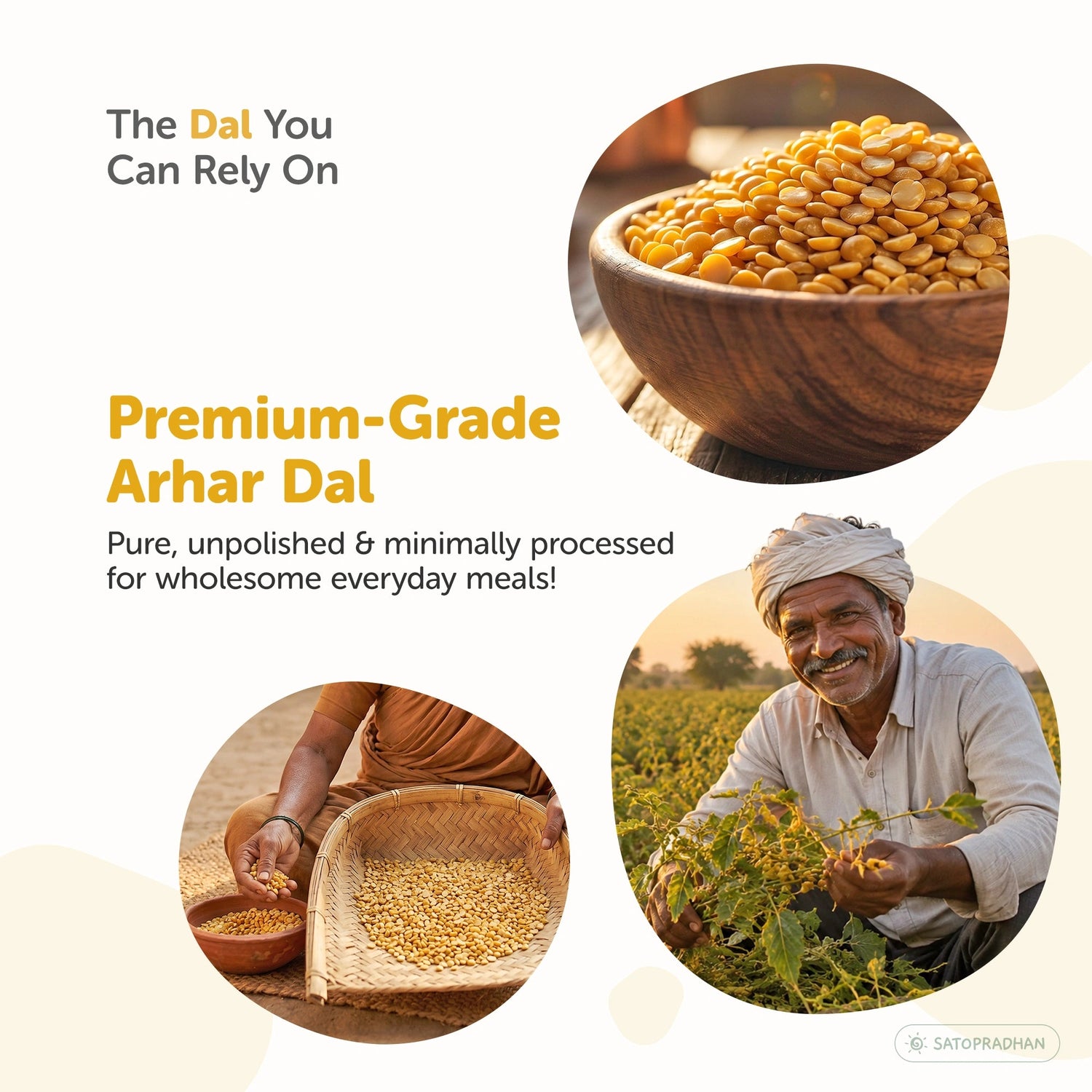 Organic Arhar Dal 800g - Unpolished Toor Dal - Split Pigeon Peas - Satopradhan