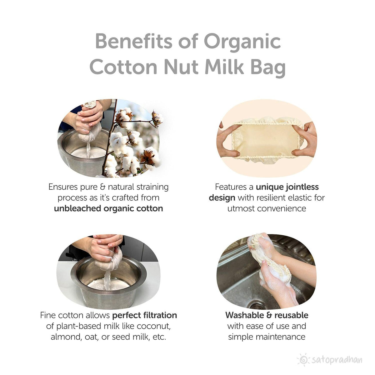 Benefits of Organic Cotton Nut Milk Bag: unbleached cotton, jointless design, perfect filtration, washable, reusable, easy maintenance