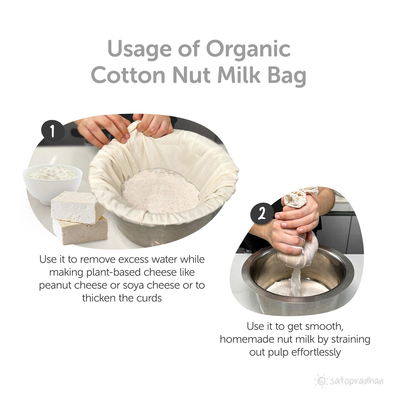 Usage of Organic Cotton Nut Milk Bag: strain water for plant-based cheese, thicken curds, and make smooth homemade nut milk by removing pulp