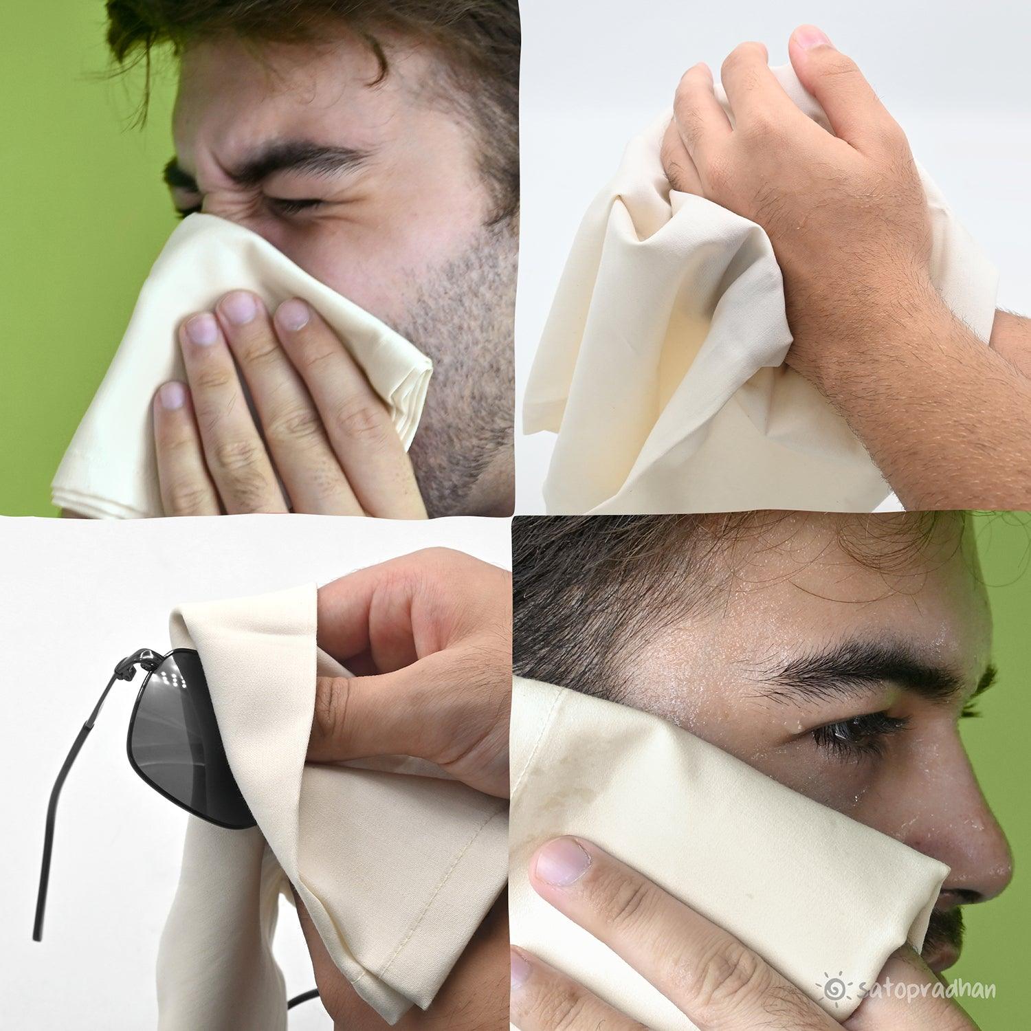 Multiple usage examples of an organic cotton handkerchief, ideal for daily use, eco-friendly and soft fabric