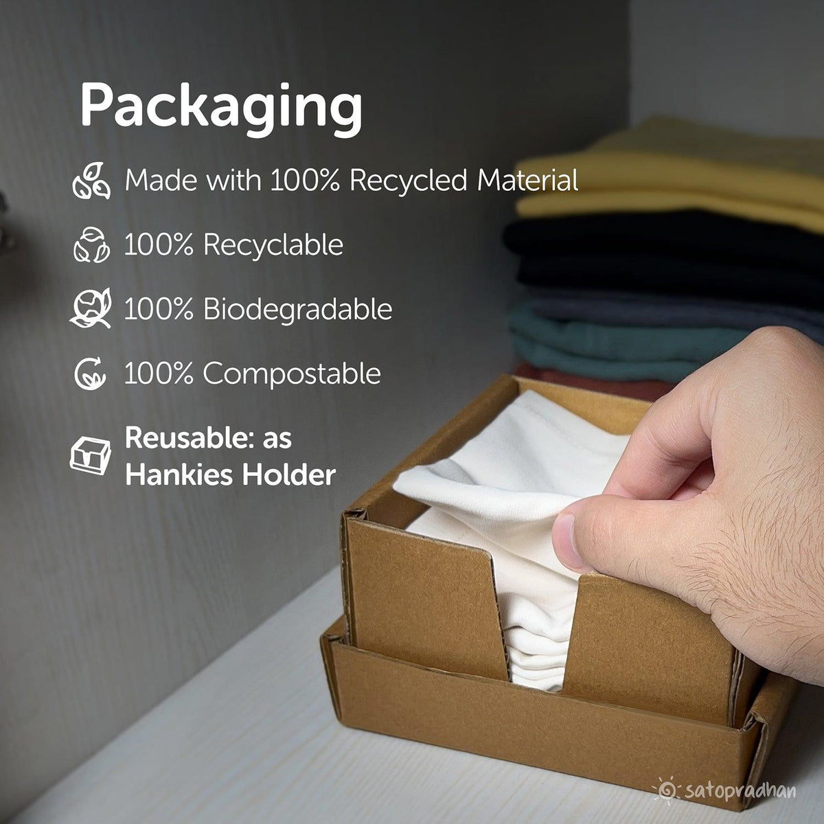 Recyclable, biodegradable, and compostable packaging for eco-friendly and sustainable handkerchiefs.