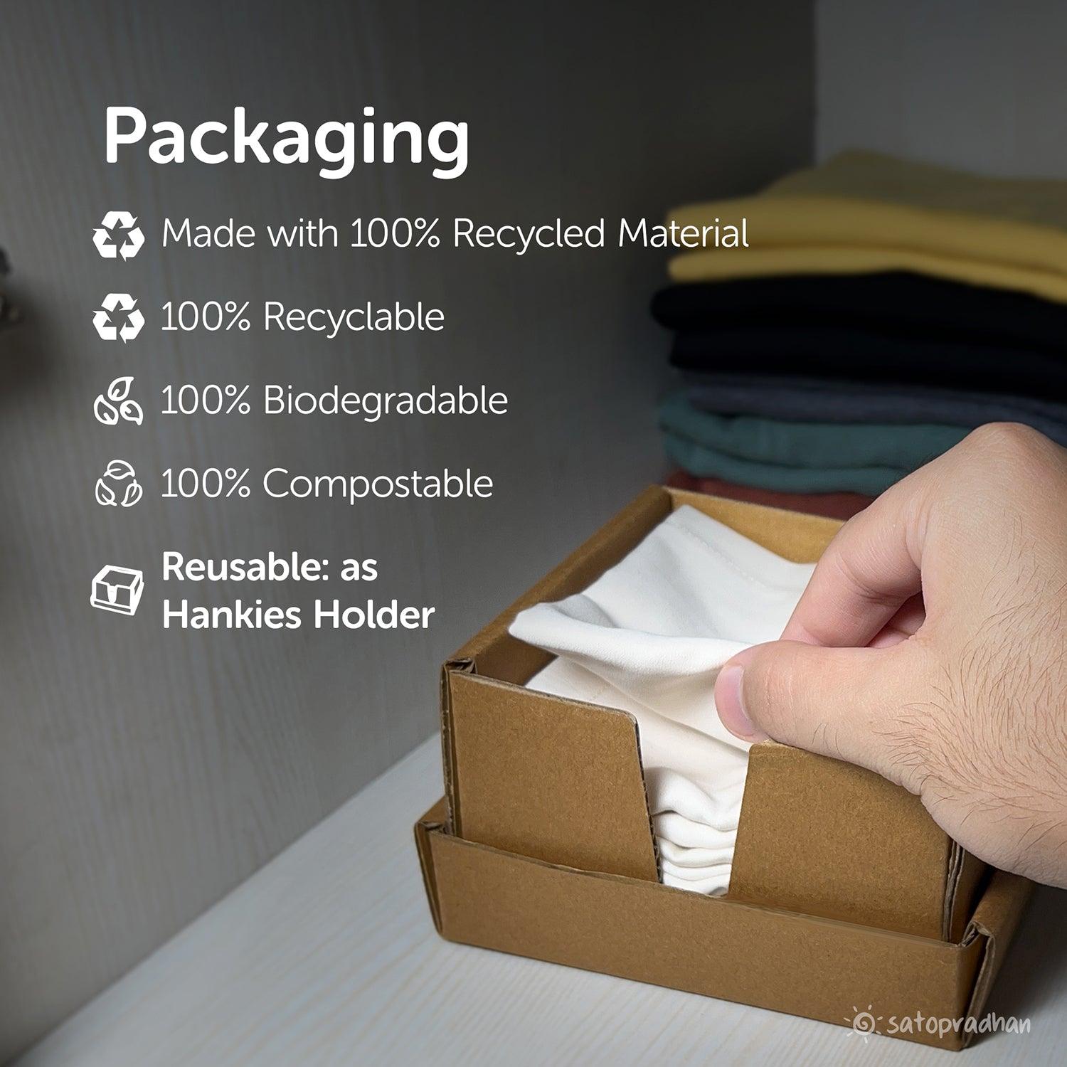 Recyclable, biodegradable, and compostable packaging for women’s organic cotton handkerchiefs.