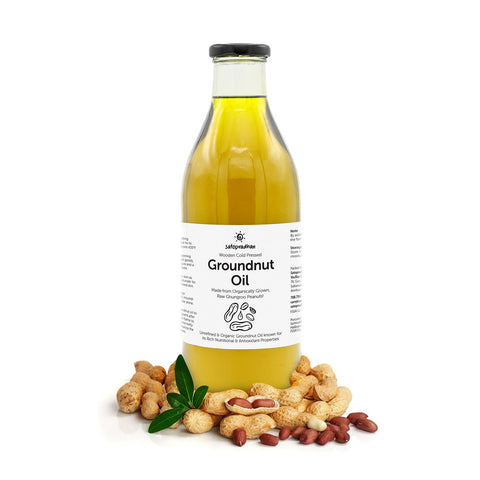 Organic Groundnut/Peanut Oil - Mungfali Ka Tel 1000 ml - Pure, Unrefined, Single-Filtered, Virgin & Wooden Cold-pressed | No Preservatives | Packed in a Reusable Glass Bottle | Kacchi Ghani