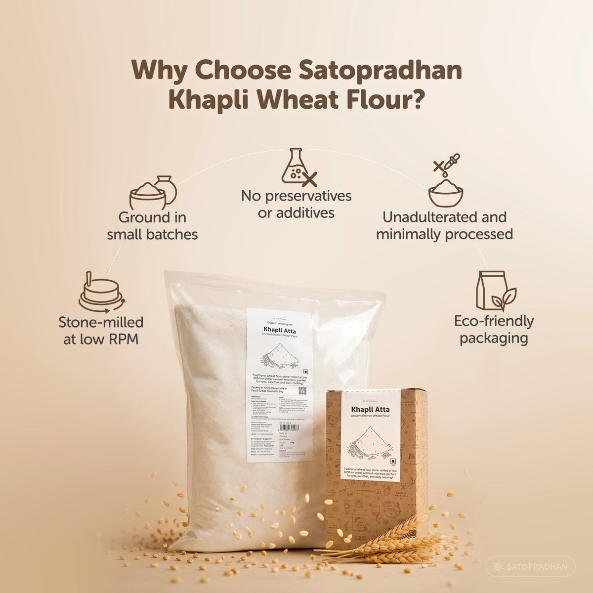 Organic Khapli Atta 800g/4kg - Emmer Wheat Flour - Diabetic-Friendly Atta - Satopradhan