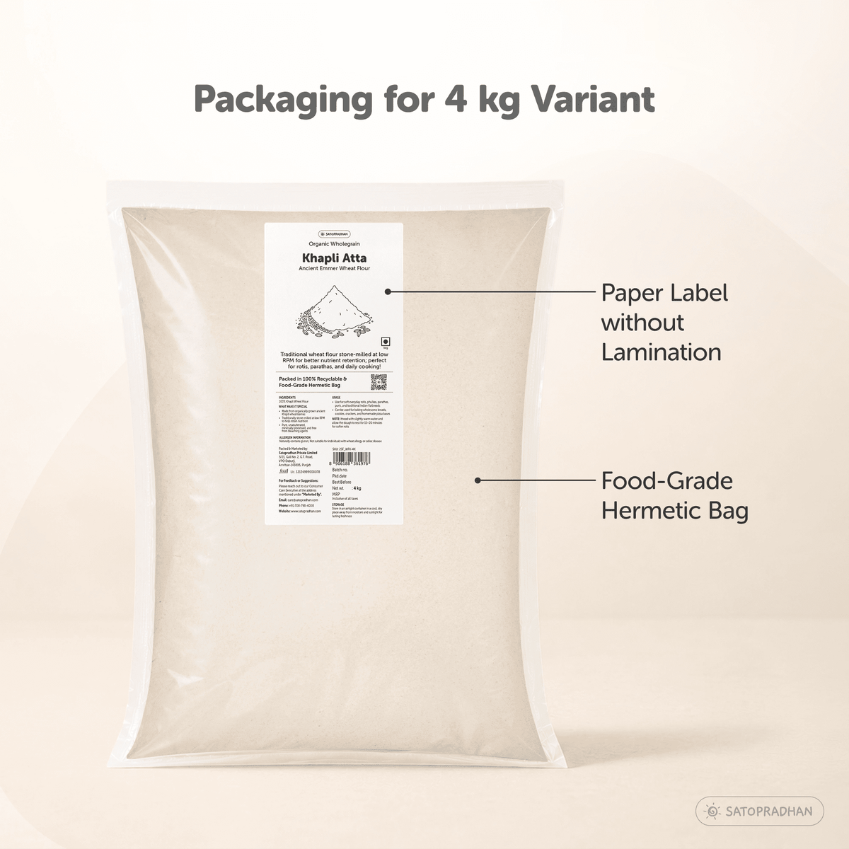 Organic Khapli Atta 800g/4kg - Emmer Wheat Flour - Diabetic-Friendly Atta - Satopradhan