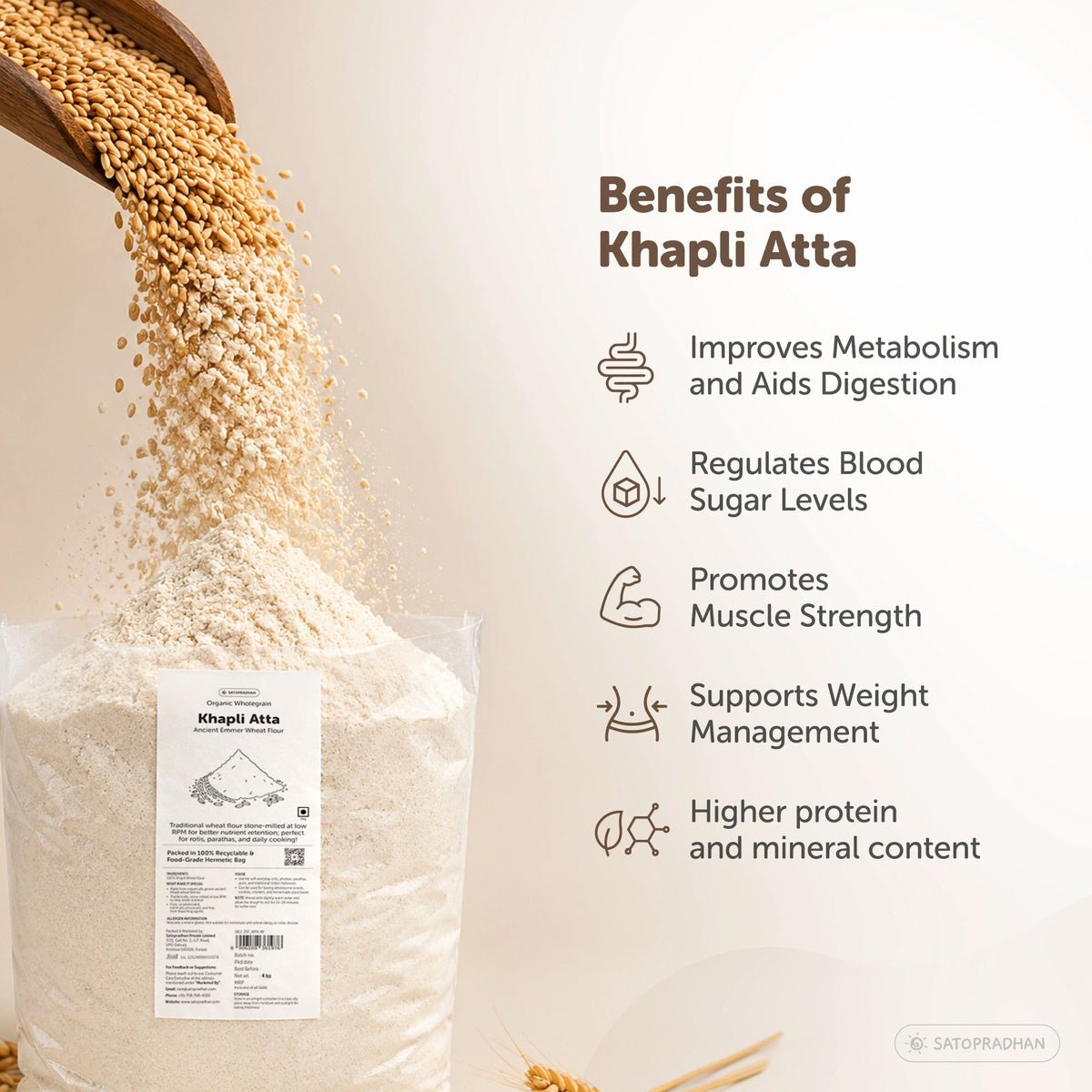 Organic Khapli Atta 800g/4kg - Emmer Wheat Flour - Diabetic-Friendly Atta - Satopradhan
