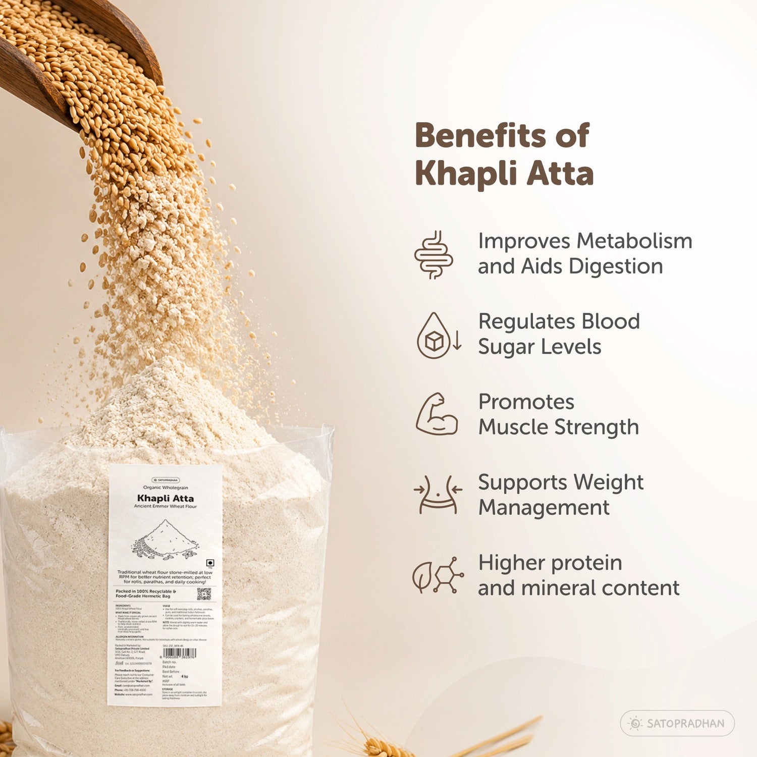 Organic Khapli Atta 800g/4kg - Emmer Wheat Flour - Diabetic-Friendly Atta - Satopradhan