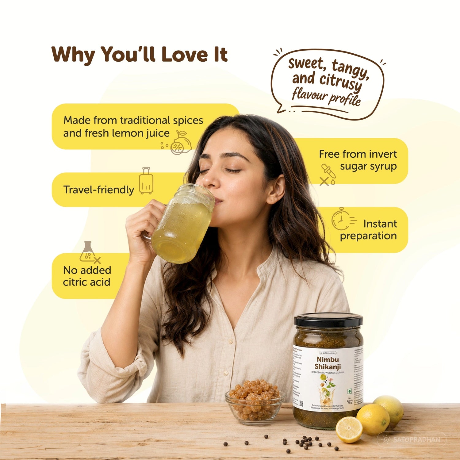 Organic Nimbu Shikanji Concentrate 700g – Made with Fresh Lemon Juice & Brown Dhaga Mishri - Indian Masala Lemonade - Satopradhan