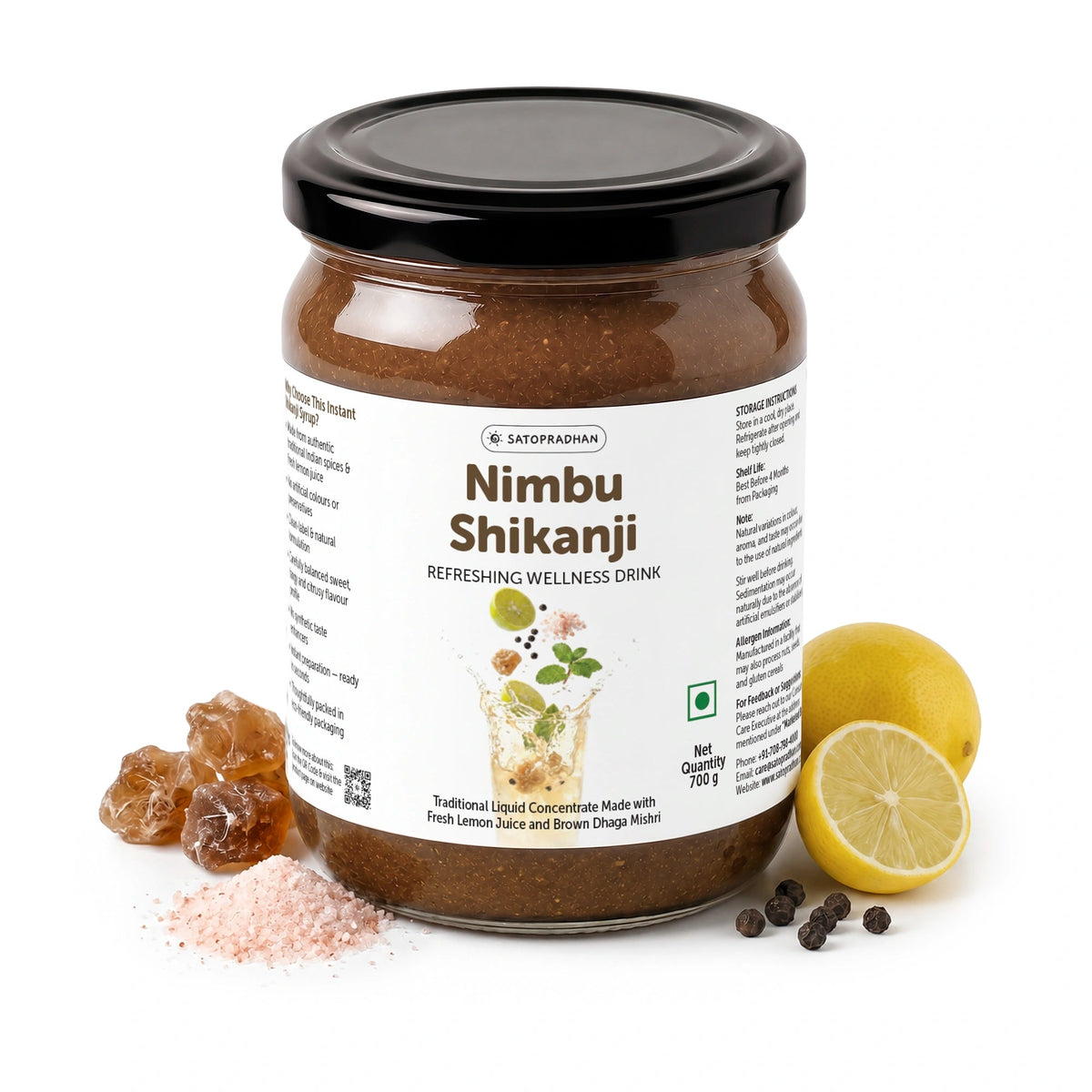 Organic Nimbu Shikanji Concentrate 700g – Made with Fresh Lemon Juice & Brown Dhaga Mishri - Indian Masala Lemonade - Satopradhan
