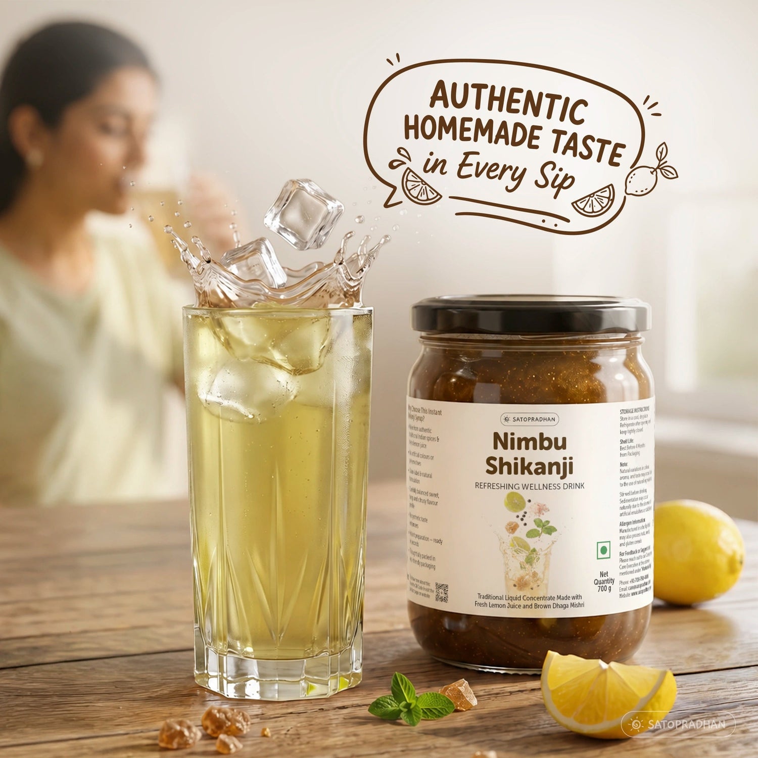 Organic Nimbu Shikanji Concentrate 700g – Made with Fresh Lemon Juice & Brown Dhaga Mishri - Indian Masala Lemonade - Satopradhan