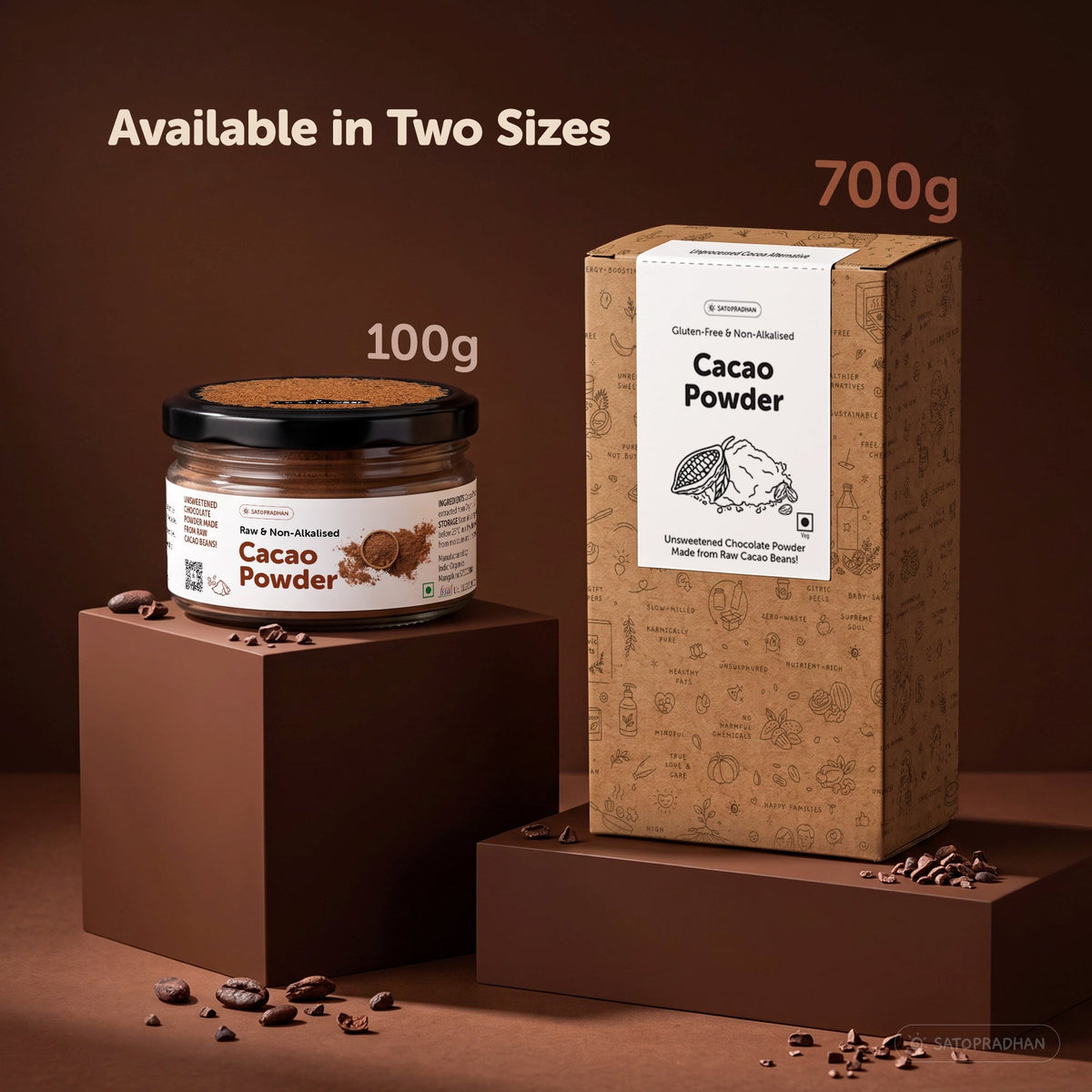 Organic Non-Alkalised Cacao Powder - 100g & 700g - Pure & Unsweetened Chocolate Powder for Baking, Smoothies & Hot Chocolate - Satopradhan