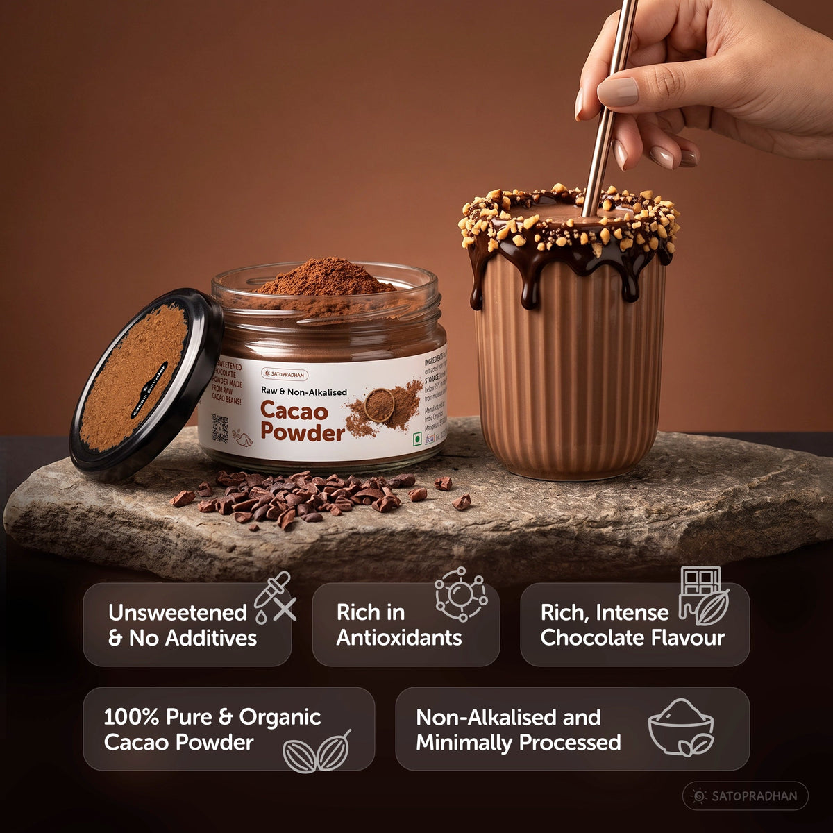 Organic Non-Alkalised Cacao Powder - 100g & 700g - Pure & Unsweetened Chocolate Powder for Baking, Smoothies & Hot Chocolate - Satopradhan