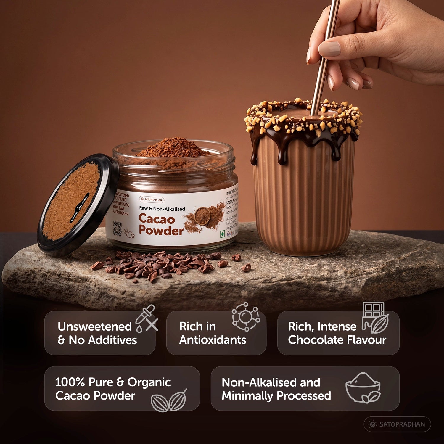 Organic Non-Alkalised Cacao Powder - 100g & 700g - Pure & Unsweetened Chocolate Powder for Baking, Smoothies & Hot Chocolate - Satopradhan