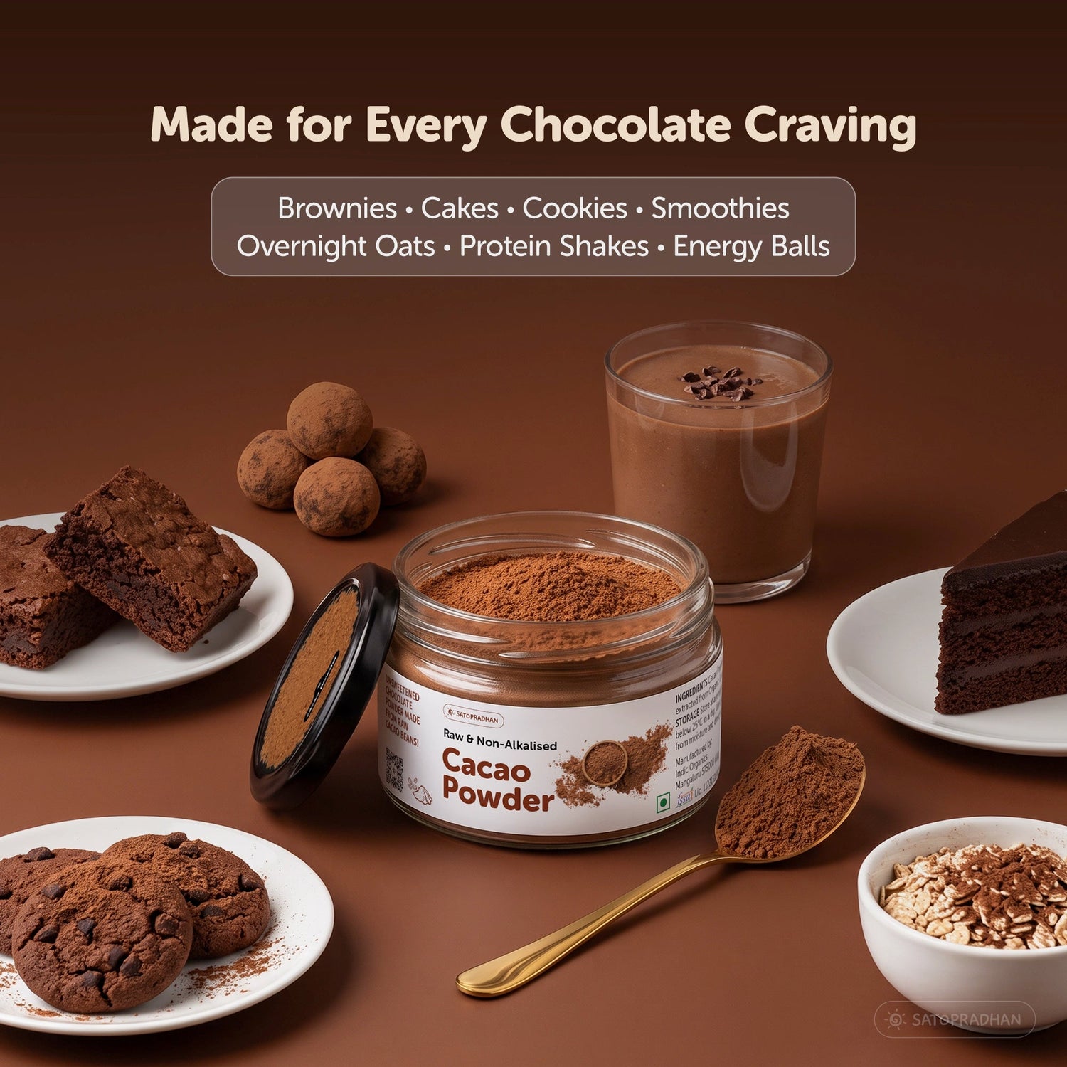 Organic Non-Alkalised Cacao Powder - 100g & 700g - Pure & Unsweetened Chocolate Powder for Baking, Smoothies & Hot Chocolate - Satopradhan