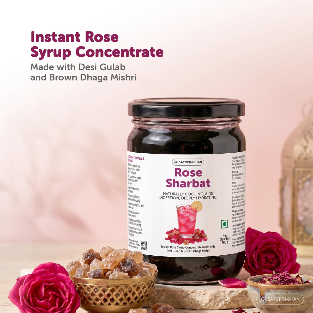 Organic Rose Sharbat 700g – Concentrated Rose Syrup Made with Desi Gulab, Sweetened with Brown Dhaga Mishri - Satopradhan