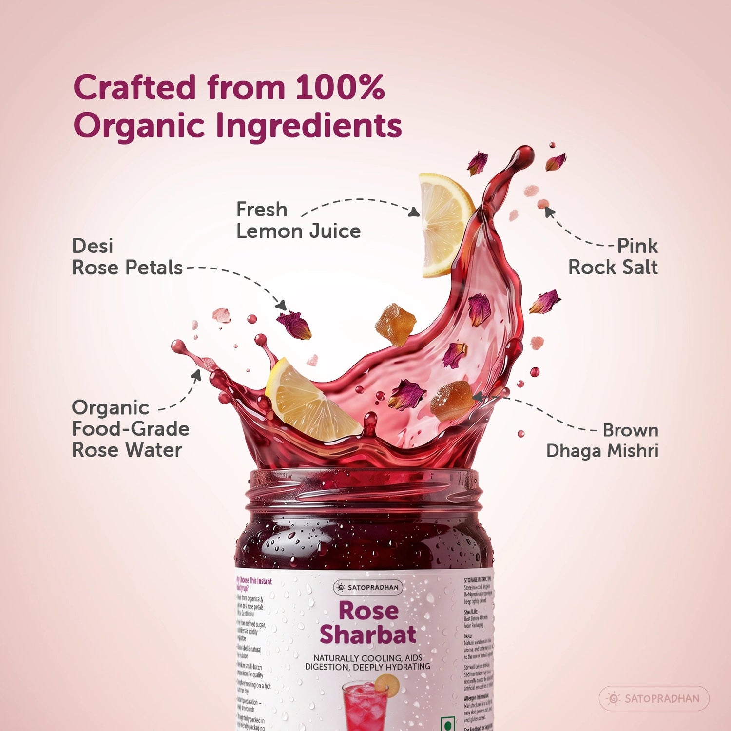 Organic Rose Sharbat 700g – Concentrated Rose Syrup Made with Desi Gulab, Sweetened with Brown Dhaga Mishri - Satopradhan