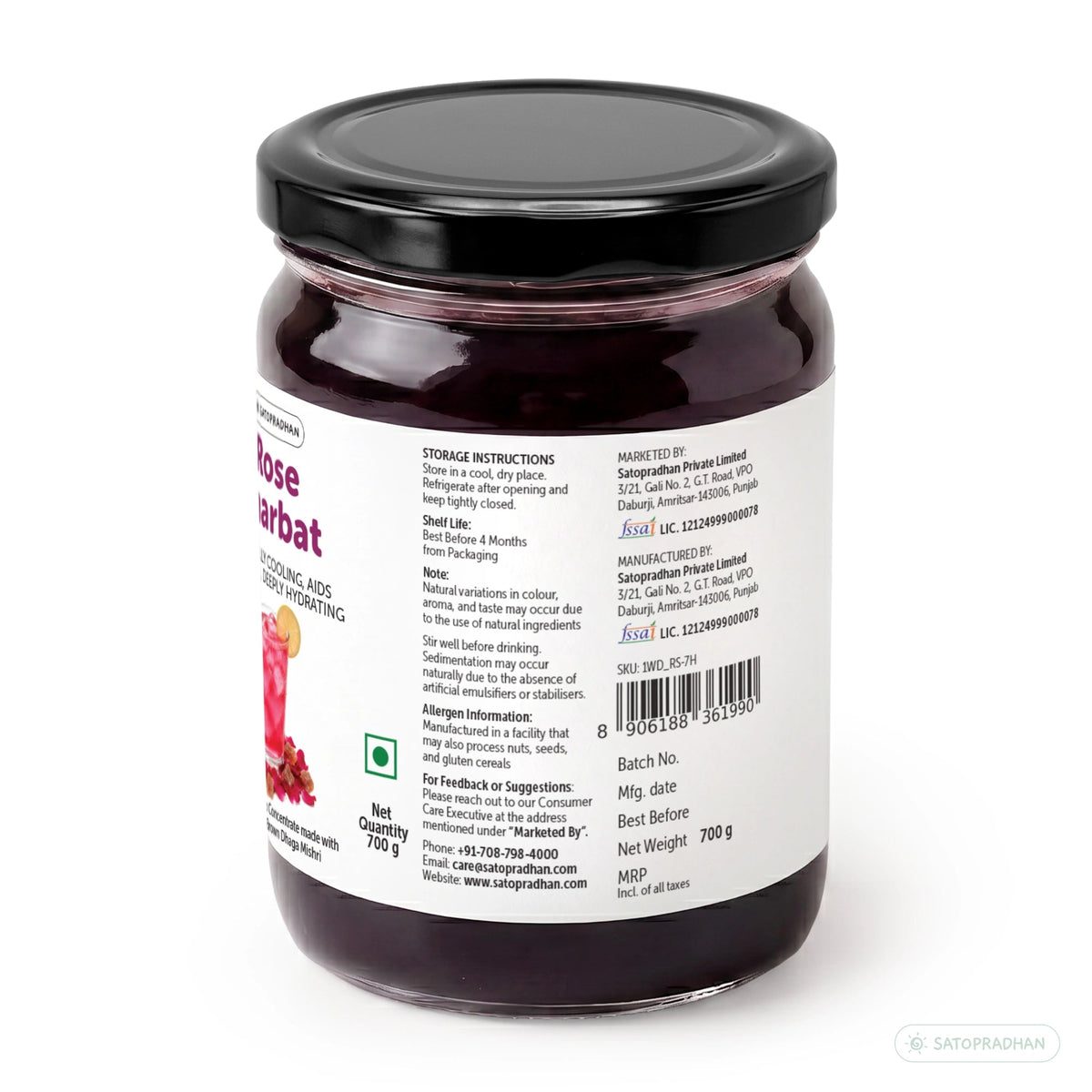 Organic Rose Sharbat 700g – Concentrated Rose Syrup Made with Desi Gulab, Sweetened with Brown Dhaga Mishri - Satopradhan