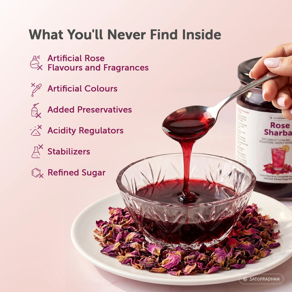 Organic Rose Sharbat 700g – Concentrated Rose Syrup Made with Desi Gulab, Sweetened with Brown Dhaga Mishri - Satopradhan