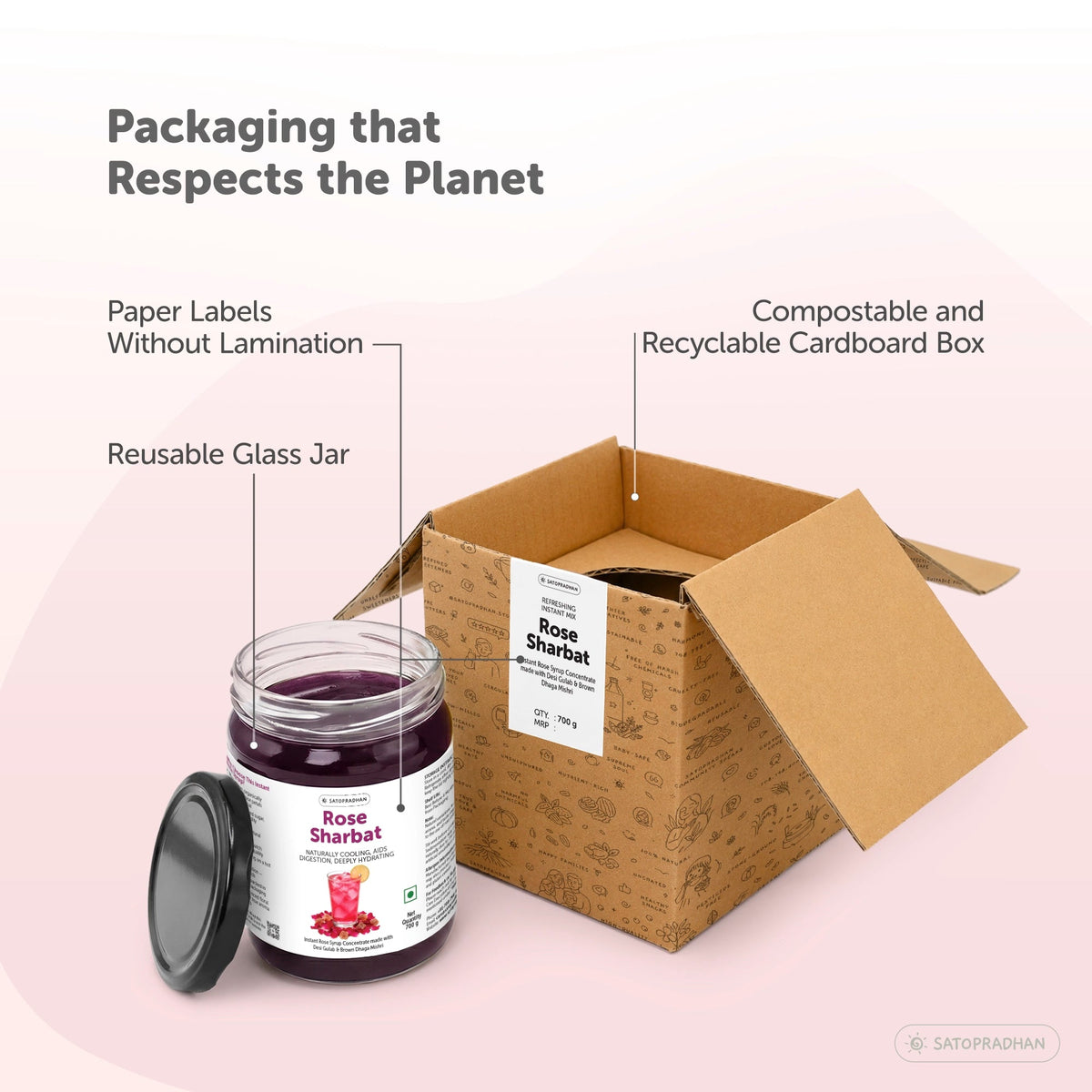 Organic Rose Sharbat 700g – Concentrated Rose Syrup Made with Desi Gulab, Sweetened with Brown Dhaga Mishri - Satopradhan