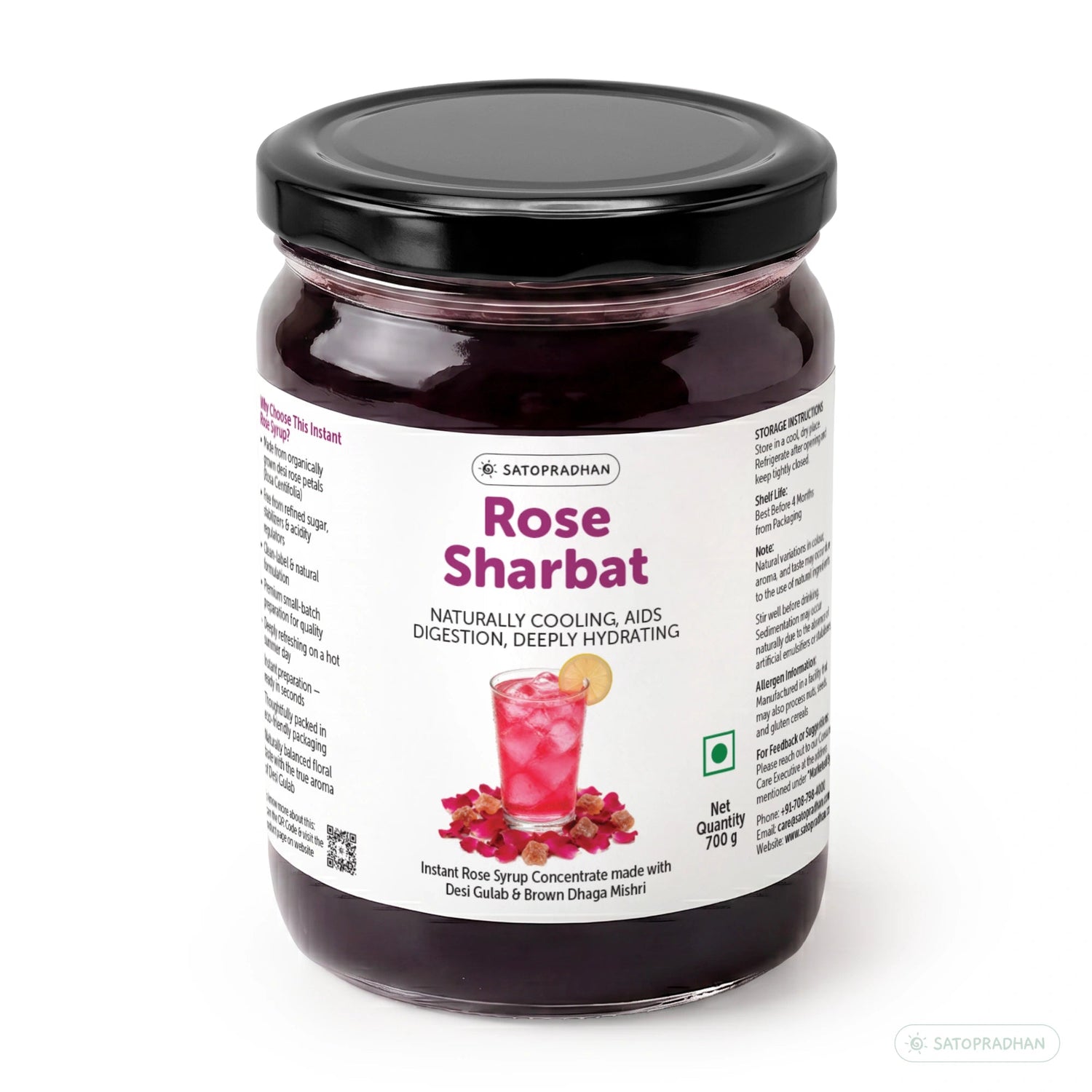 Organic Rose Sharbat 700g – Concentrated Rose Syrup Made with Desi Gulab, Sweetened with Brown Dhaga Mishri - Satopradhan