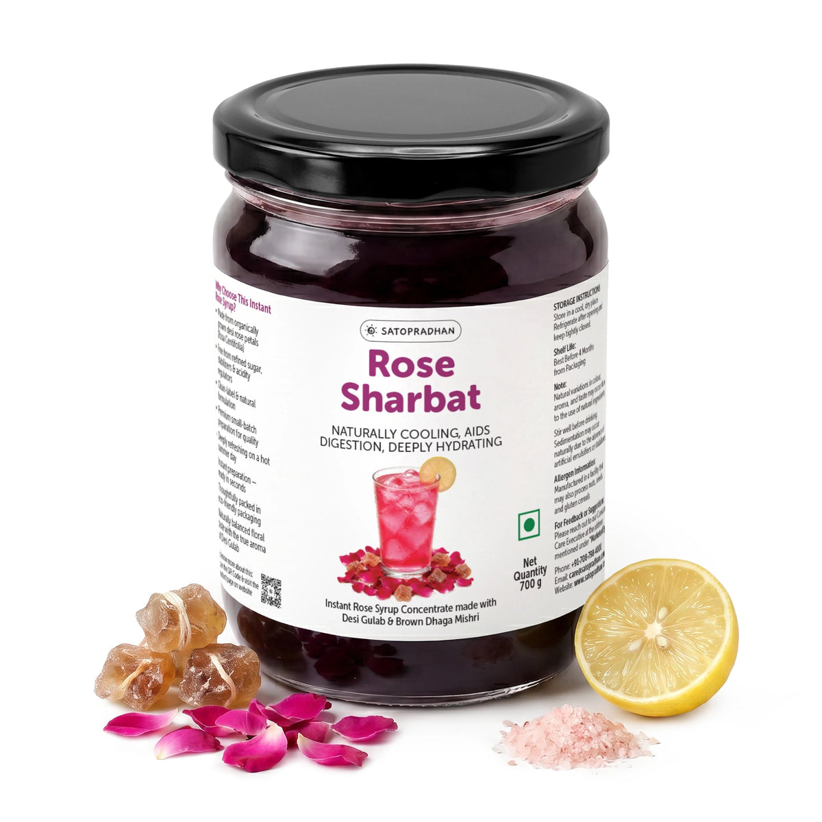 Organic Rose Sharbat 700g – Concentrated Rose Syrup Made with Desi Gulab, Sweetened with Brown Dhaga Mishri - Satopradhan