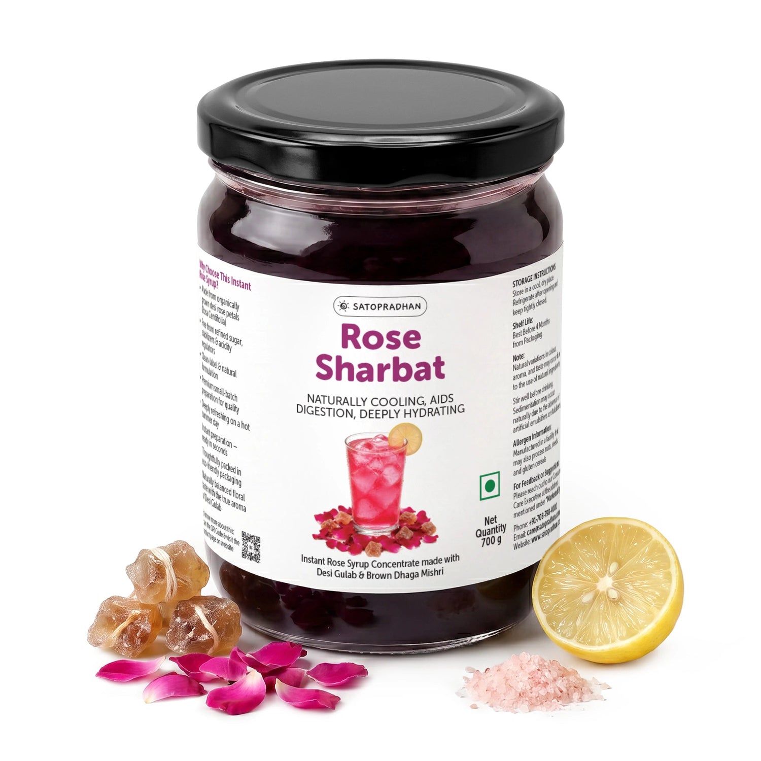 Organic Rose Sharbat 700g – Concentrated Rose Syrup Made with Desi Gulab, Sweetened with Brown Dhaga Mishri - Satopradhan