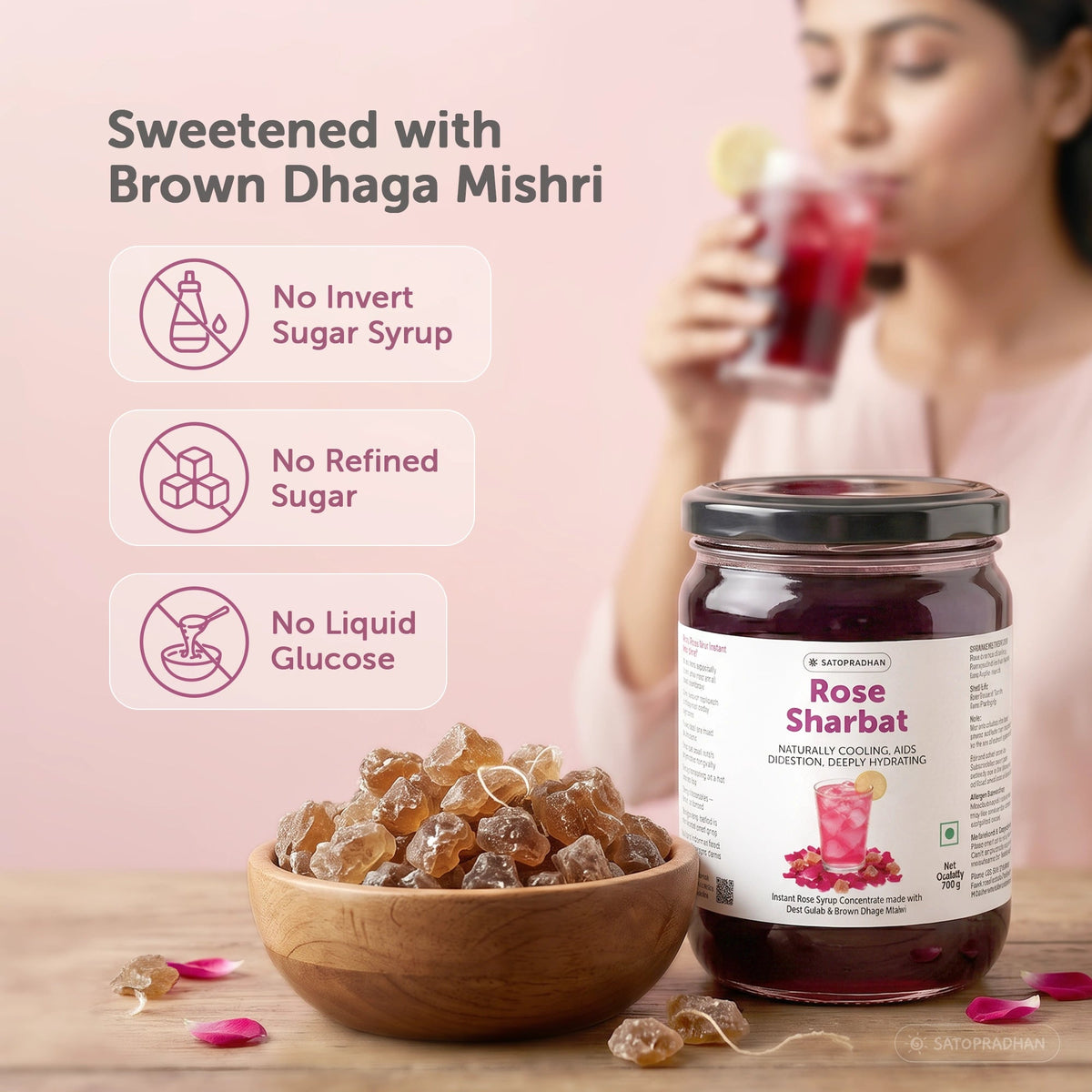 Organic Rose Sharbat 700g – Concentrated Rose Syrup Made with Desi Gulab, Sweetened with Brown Dhaga Mishri - Satopradhan