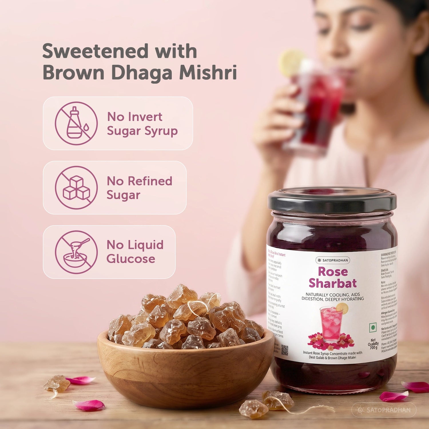 Organic Rose Sharbat 700g – Concentrated Rose Syrup Made with Desi Gulab, Sweetened with Brown Dhaga Mishri - Satopradhan