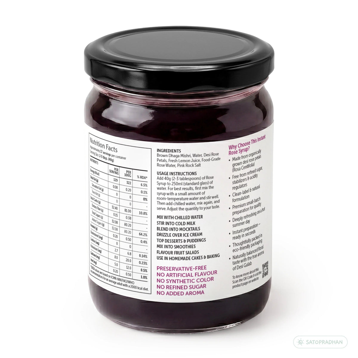 Organic Rose Sharbat 700g – Concentrated Rose Syrup Made with Desi Gulab, Sweetened with Brown Dhaga Mishri - Satopradhan