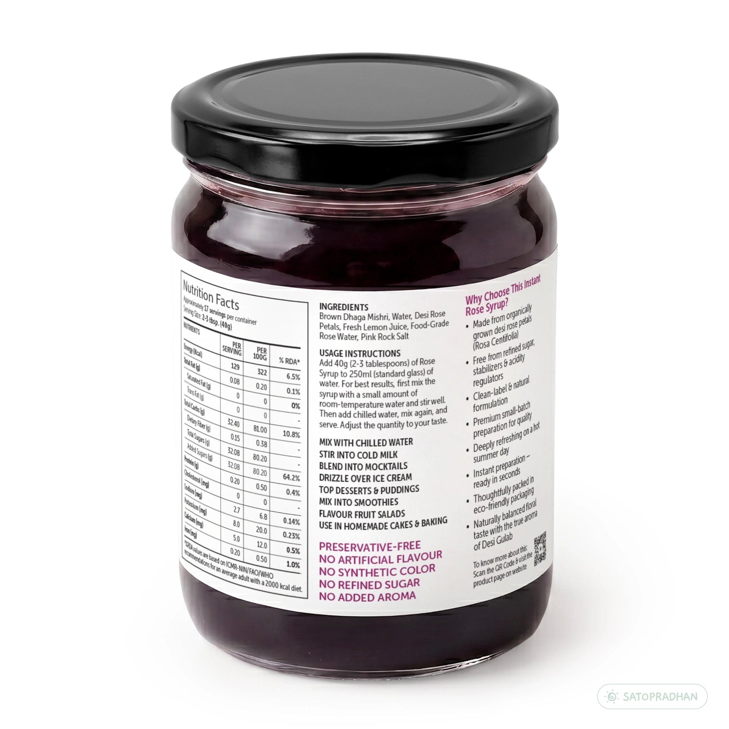 Organic Rose Sharbat 700g – Concentrated Rose Syrup Made with Desi Gulab, Sweetened with Brown Dhaga Mishri - Satopradhan