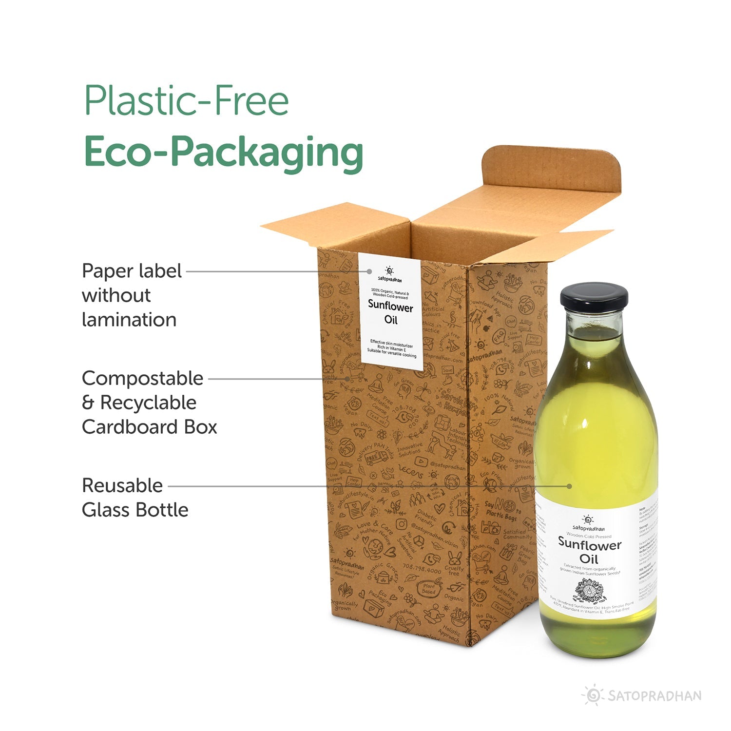Organic Sunflower Oil 1000ml - Pure, Unrefined, Single-Filtered, Virgin & Wooden Cold-Pressed (Kacchi Ghani) Without Preservatives | Reusable Glass Bottle - Satopradhan