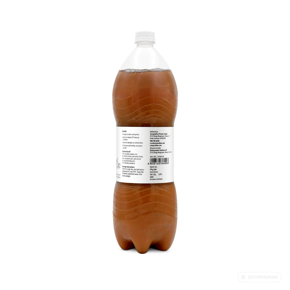 Rear product label of Plain Citric Bio Enzyme 1.9L showing benefits, usage and manufacturer information