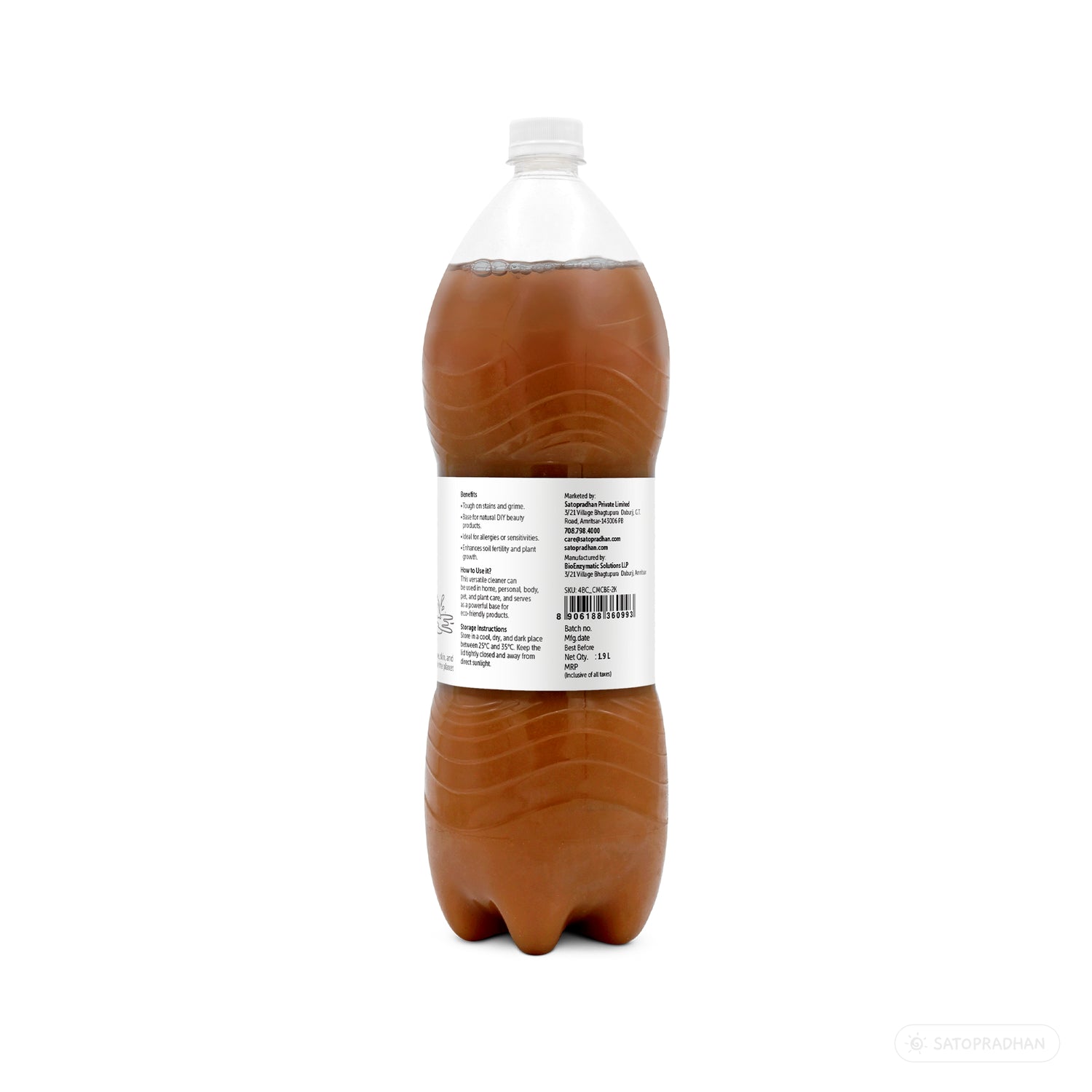 Rear product label of Plain Citric Bio Enzyme 1.9L showing benefits, usage and manufacturer information